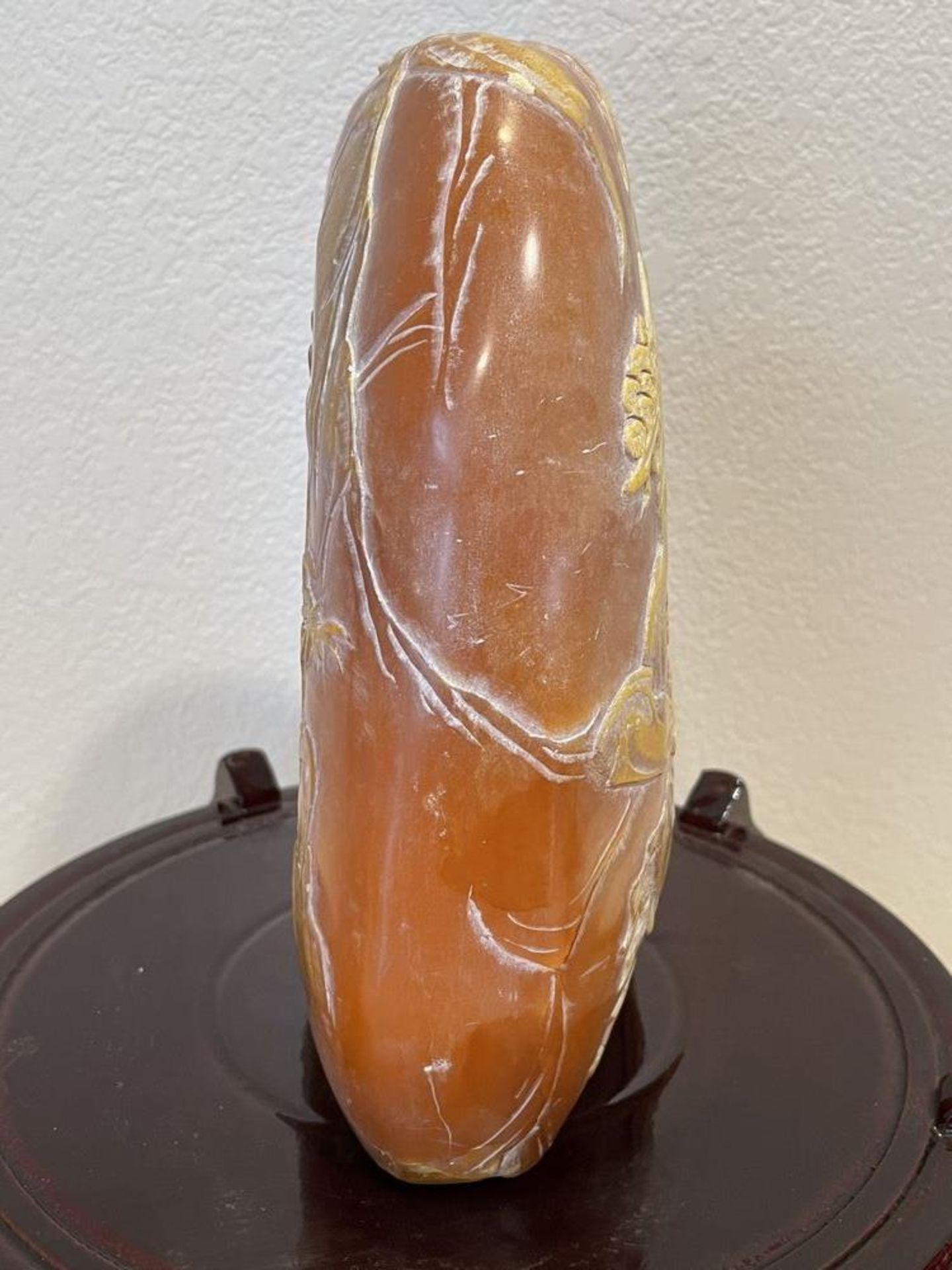 Orange/Amber Color East Asian Stone Sculpture on wood stand, Heavy/Cold Stone - Image 6 of 7