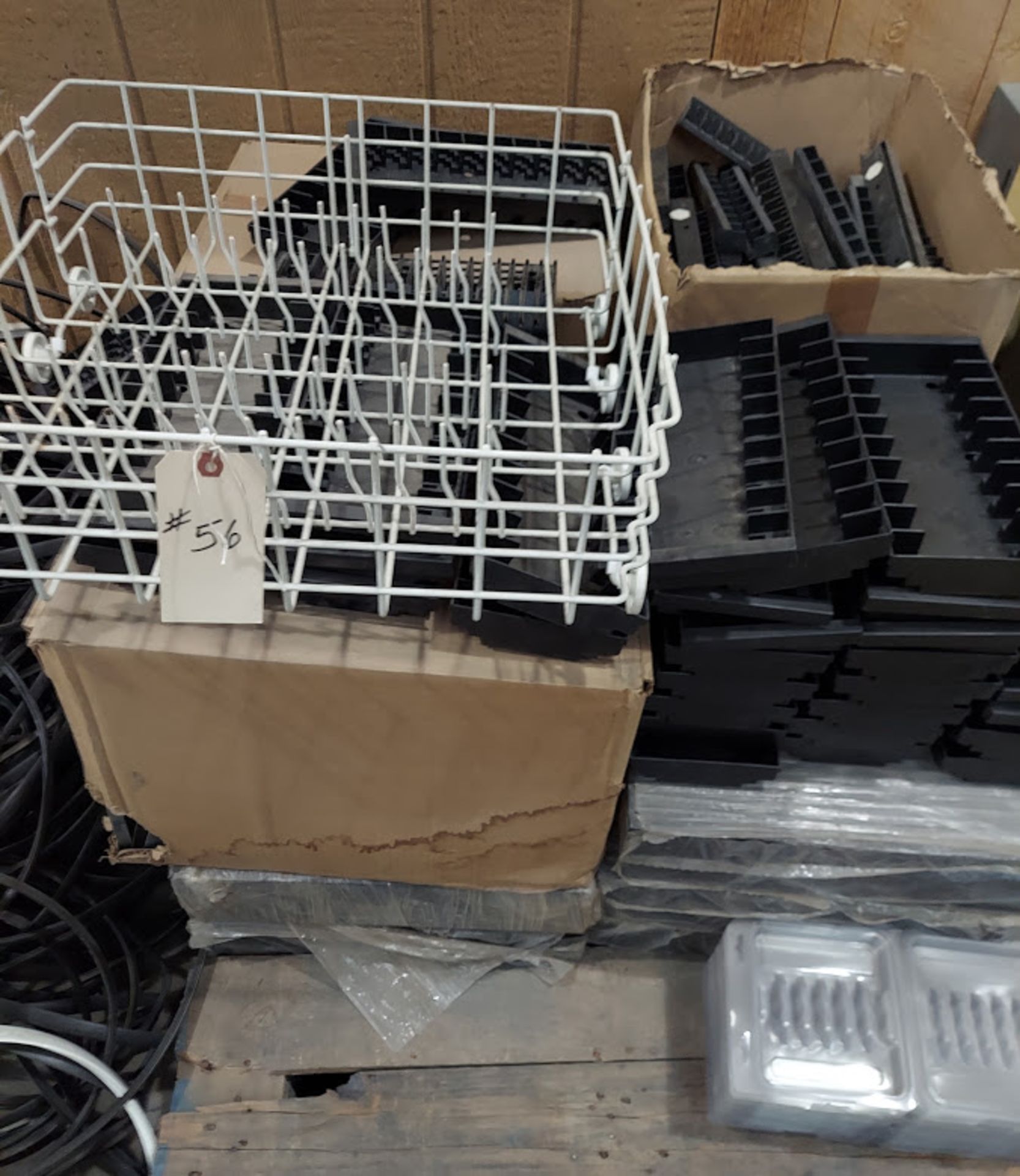 Pallet of Plastic Trays, CD Racks, Dish washer shelf