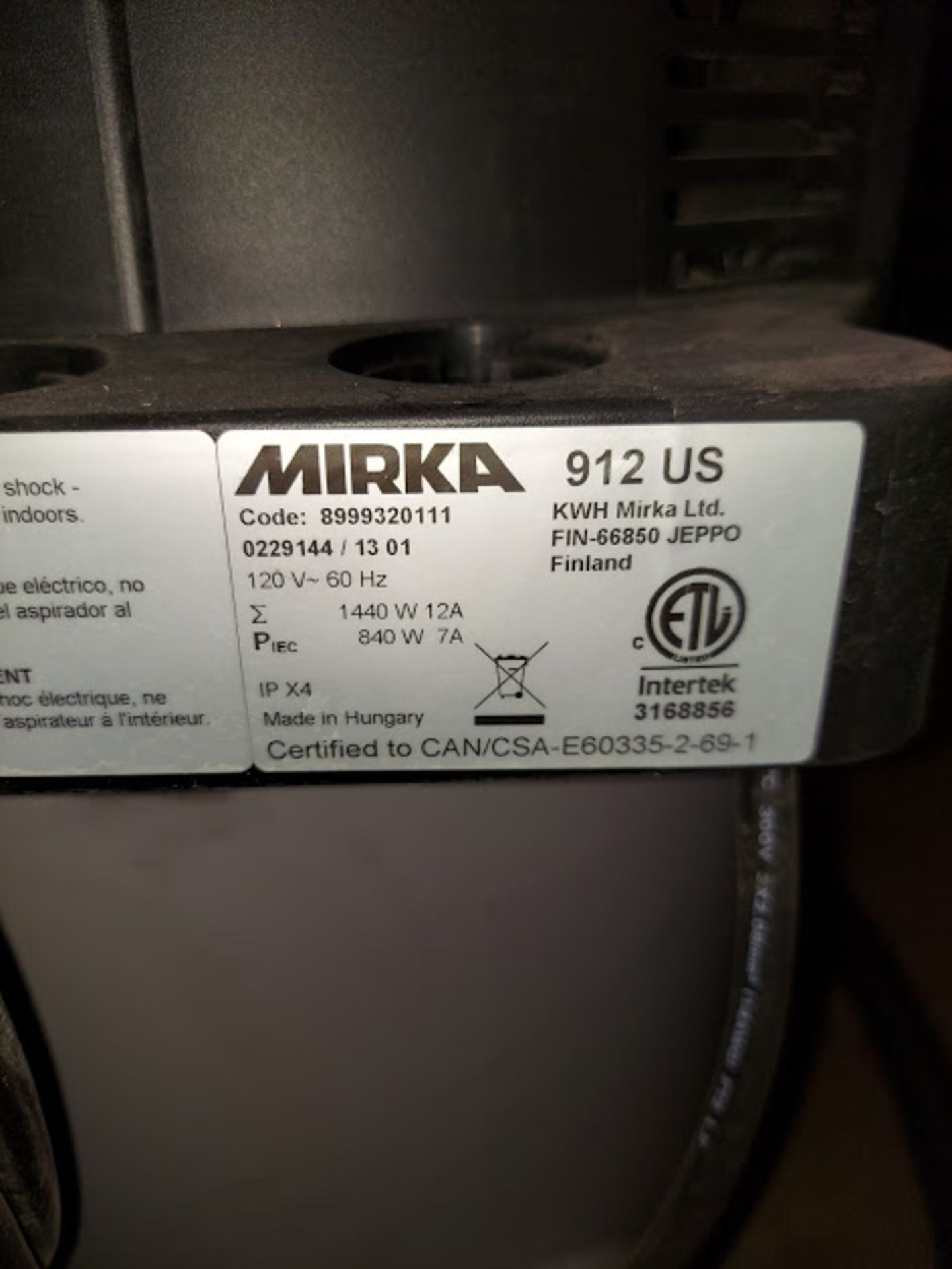 Mirka Shop Vac, Model #912 US, 120 Volt - Image 5 of 5