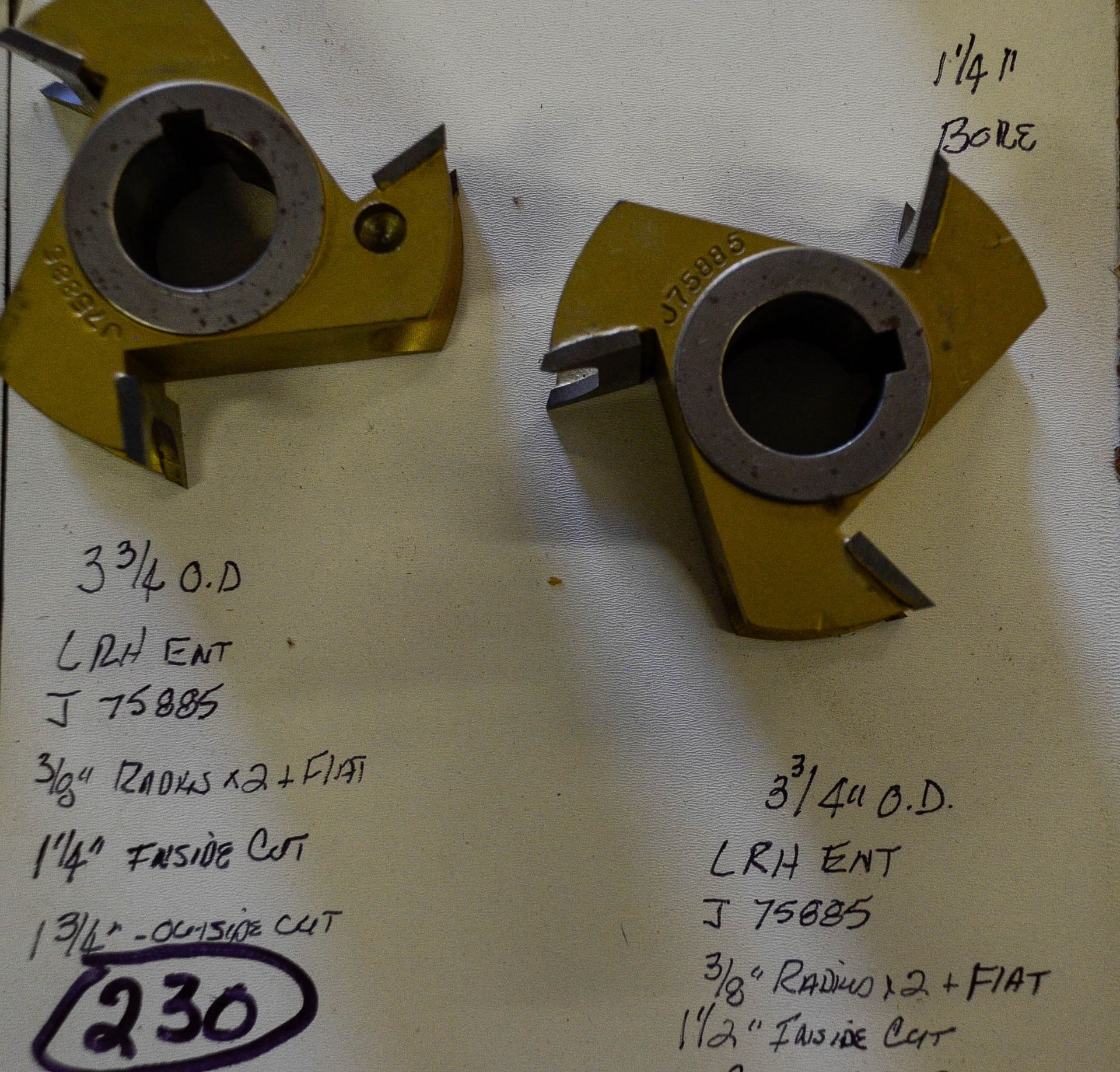 Shaper Cutter, (2) Cutters with 1-1/4" Bore: (1) L.R.H. ENT. J75885, 2-3/8" Radius + 1/2" Flat,