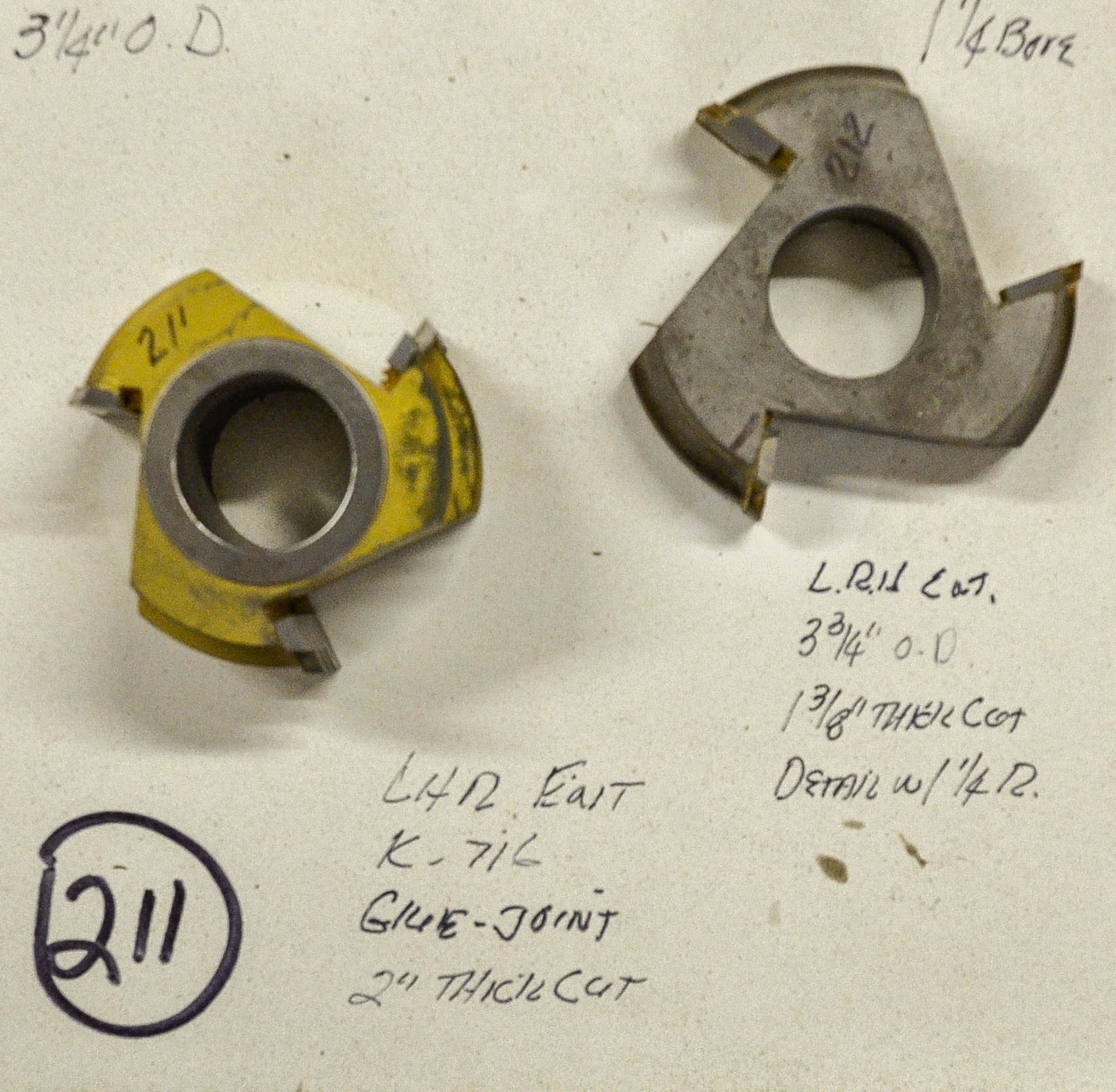 Shaper Cutter, (2) Cutters: (1 ) L.R.H. ENT. K 716 Glue Joint 2" Thick Cut, 3-1/4" Outside Diam