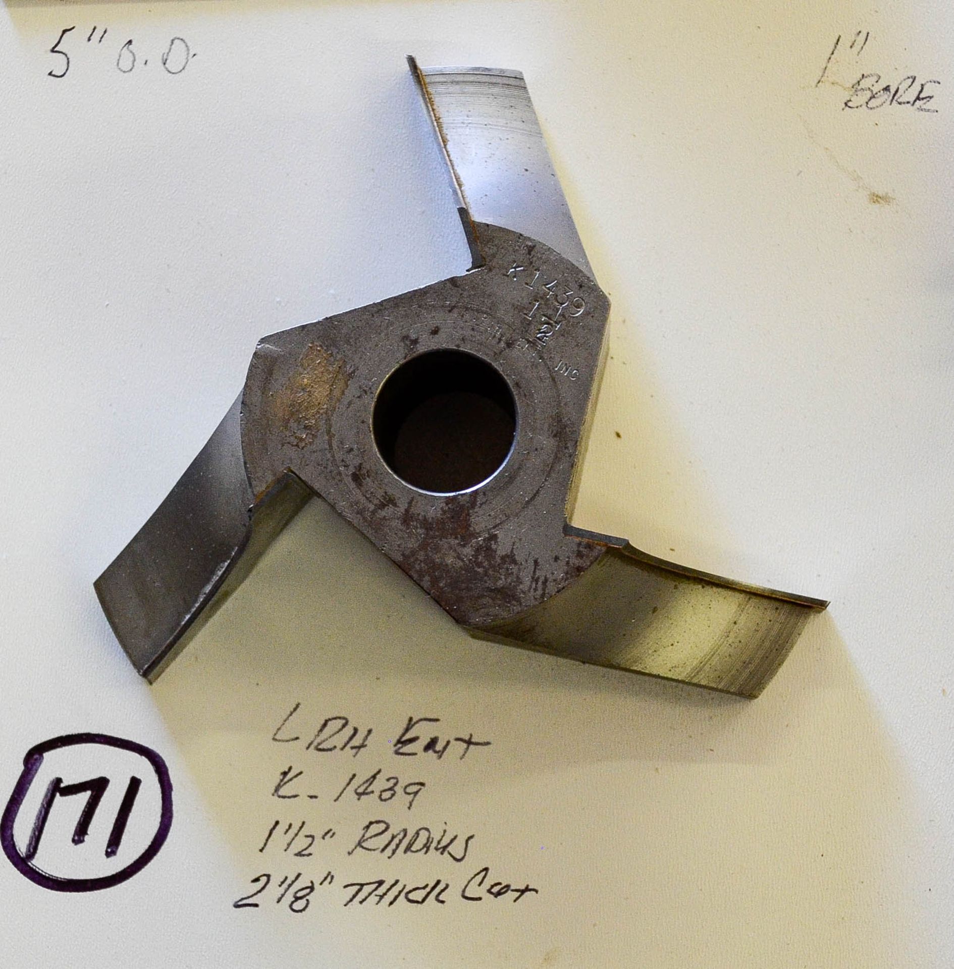 Shaper Cutter, L.R.H. ENT. K 1439 1-1/2" Radius, 2-1/8" Thick Cut, 5" Outside Diameter, 1" Bore