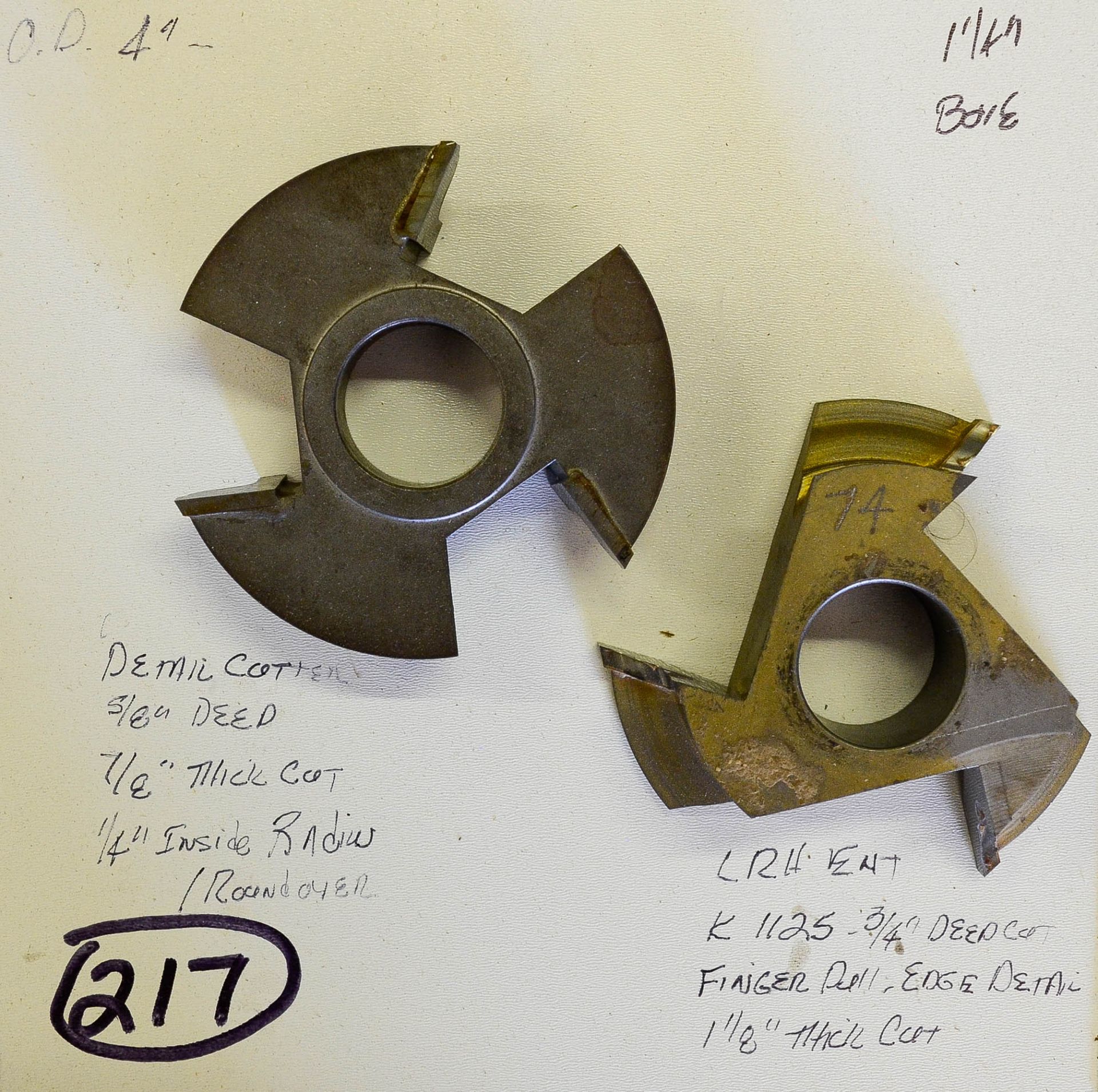 Shaper Cutter, (2) Detail Cutters with 4" Minus Outside Diameter and 1-1/4" Bore: (1) 7/8" Thick