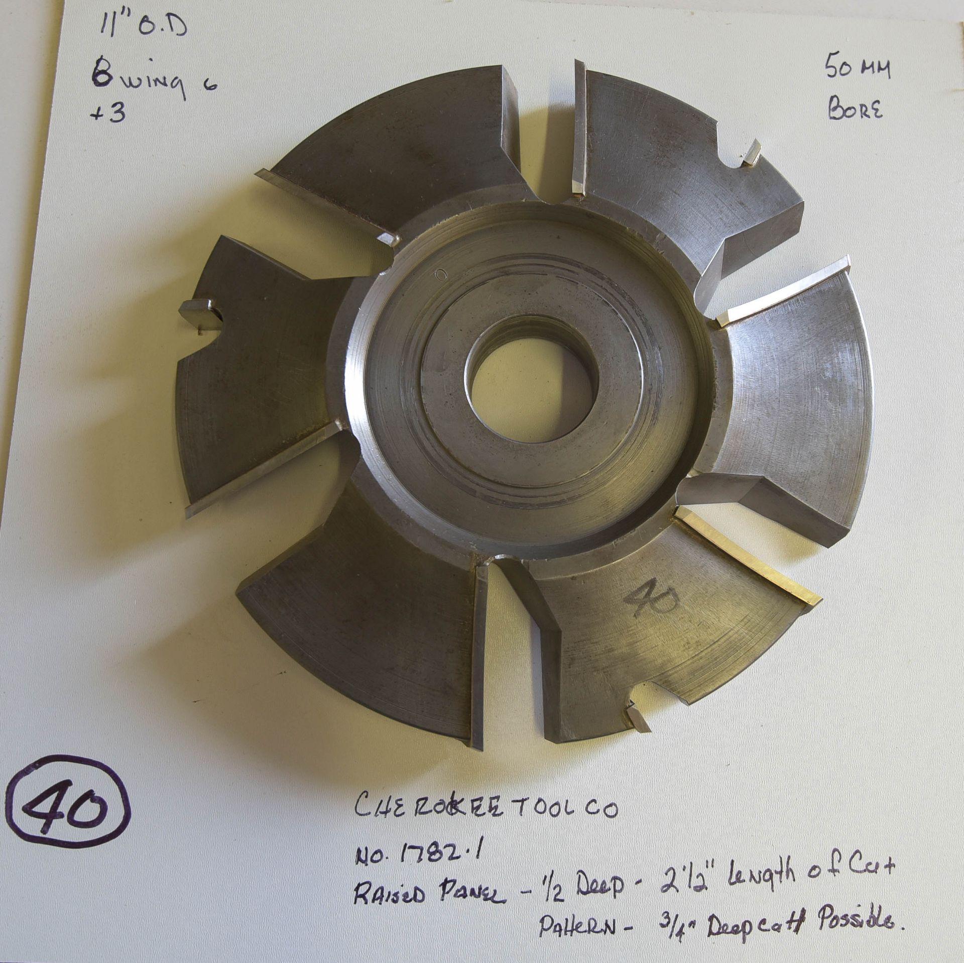 Shaper Cutters, Cherokee Tool Co, No. 1782 . 1 . T Raised Panel, 2-1/2" Length of Cut, 1/2" Deep P