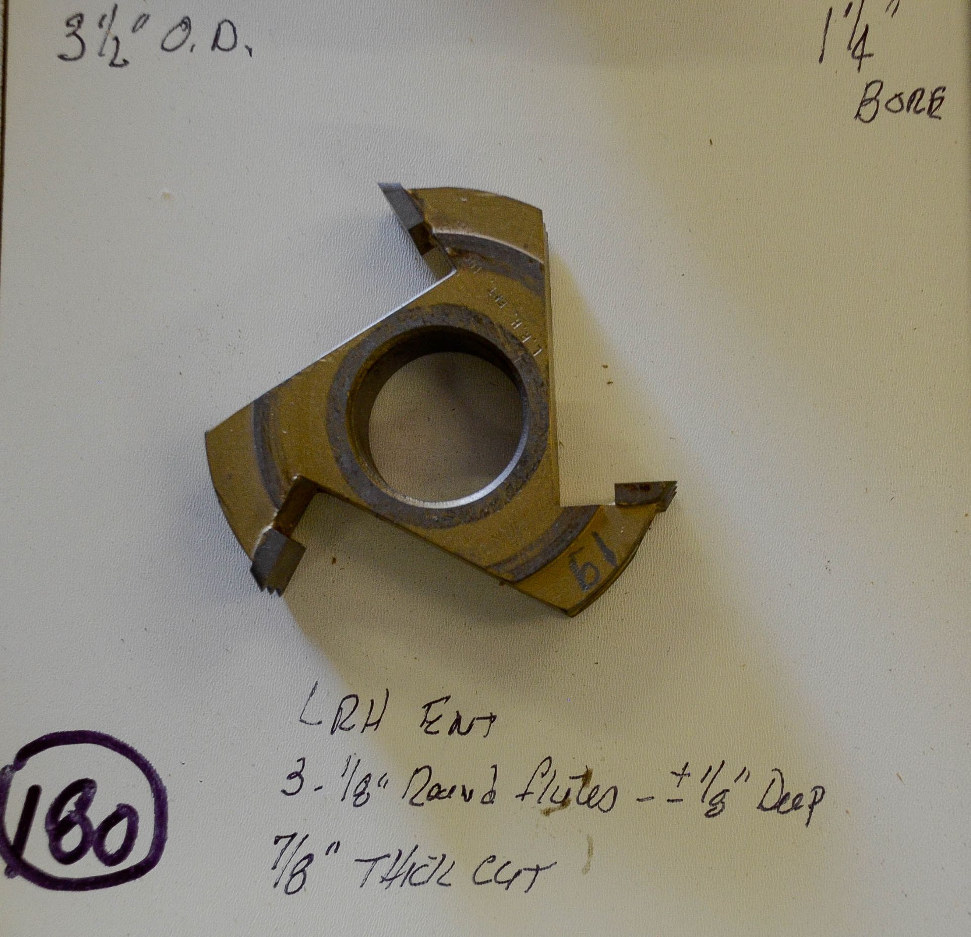 Shaper Cutter, L.R.H. ENT. (3) 1/8" Flutes, 7/8" Thick Cut, 3-1/2" " Outside Diameter, 1-1/4"