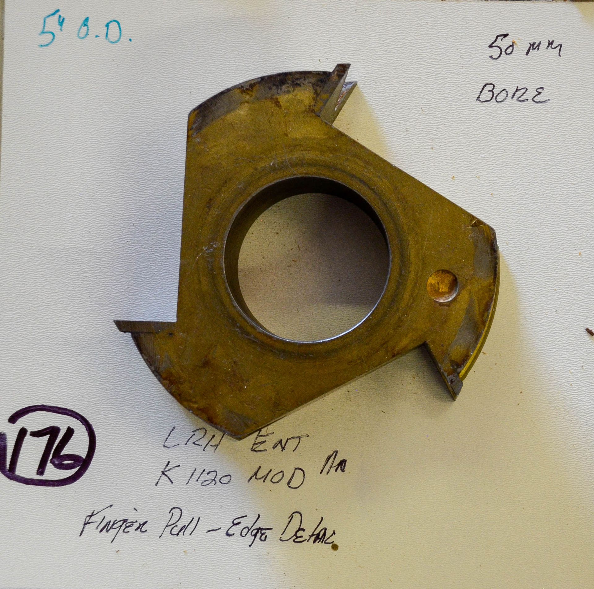 Shaper Cutter, L.R.H. ENT. K 1120 Mod, Fingerpull or Edge Detail, 5" Outside Diameter, 50mm Bore