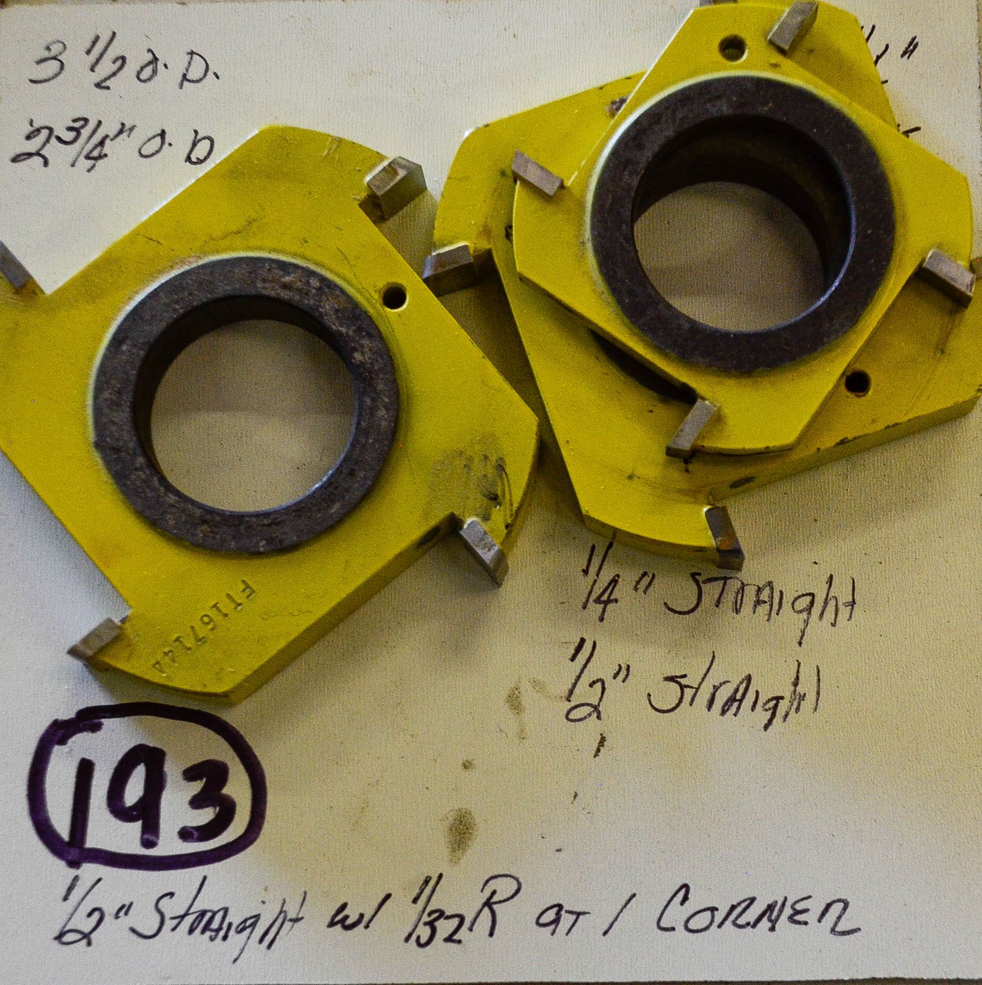 Shaper Cutter, (3) Straight Cutters: (1) 1/4" x 2-3/4" Outside Diameter, (1) 1/2" x 3-1/2" Outsi