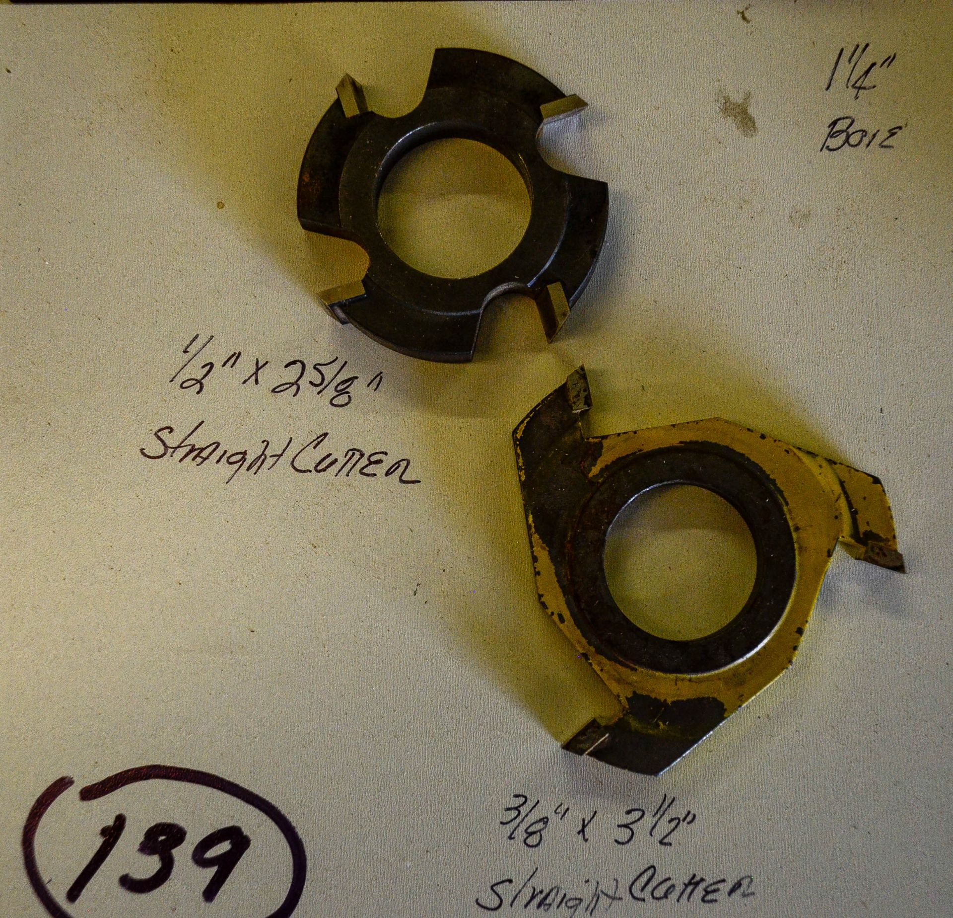 Shaper Cutters, (2) Straight Cutters: (1) 1/2" x 2-5/8" , (1) 3/8" x 3-1/2", Both 1-1/4" Bore, S