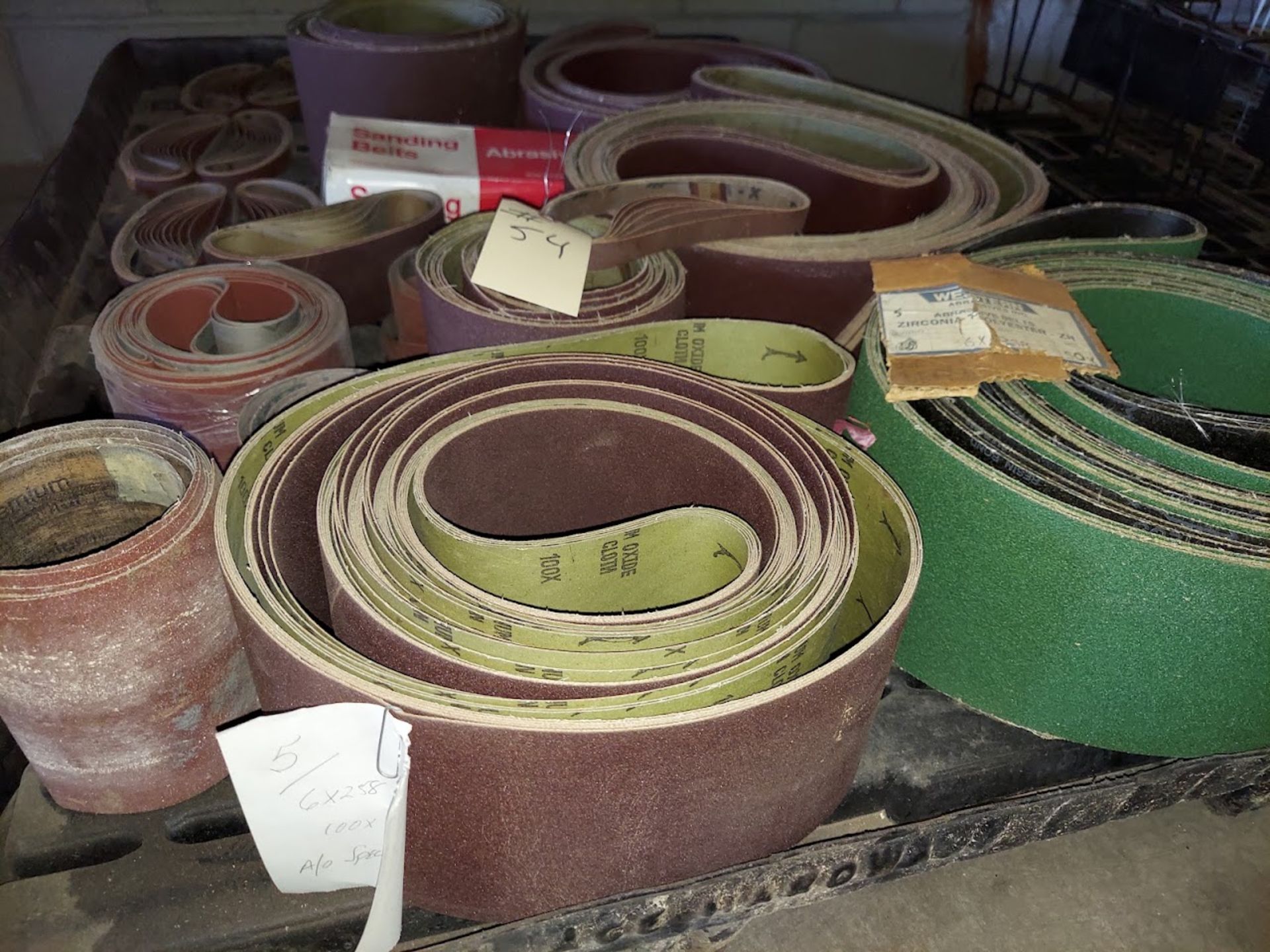 Pallet of Misc. Sanding Belts, 6" x 258" 50 Grit Zirconia Belts, 6" x 258" 100 Grit A/o Belts, 4" - Image 2 of 3