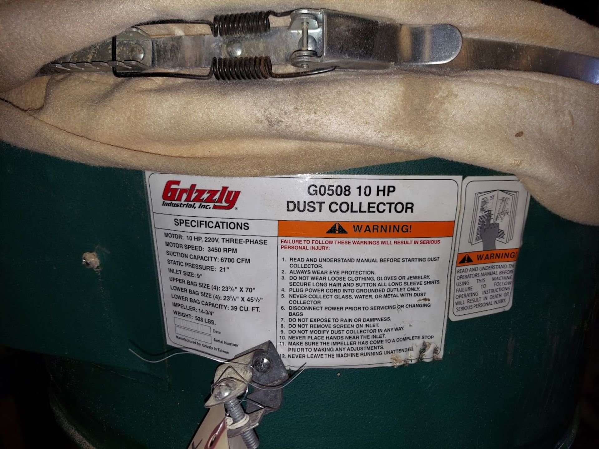 Grizzly 8 Bag Dust Collector, Model #0508, 10 Hp 220 Volt 3ph Motor - Image 3 of 6