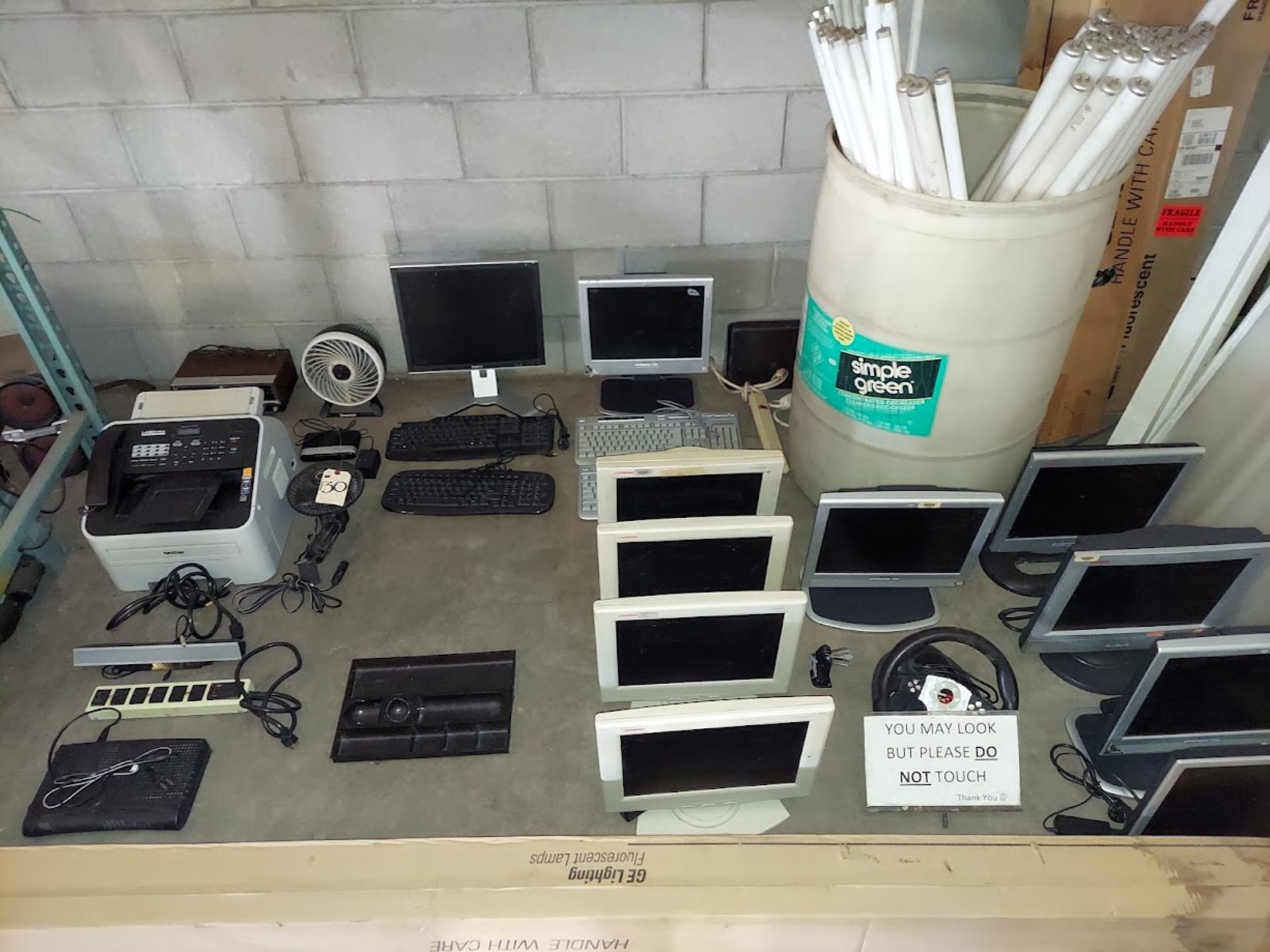 Lot of Office Equipment, Computer Monitors, Light Bulbs, Brother Laser Fax, Keyboards, Fan, Clock,