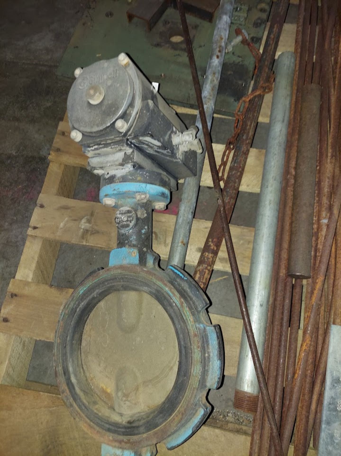 Pallet of Steel Rods, 2 - Metal Gas Cans, Grinnell Butterfly Wafer Valve, & Metal Tree Stand - Image 2 of 3