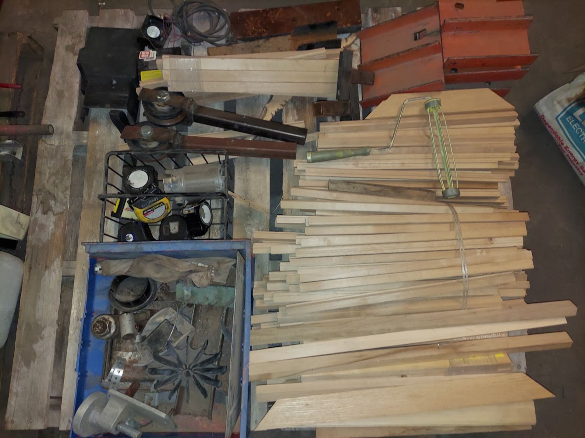Pallet of Wood, Tape Measures & Misc Parts