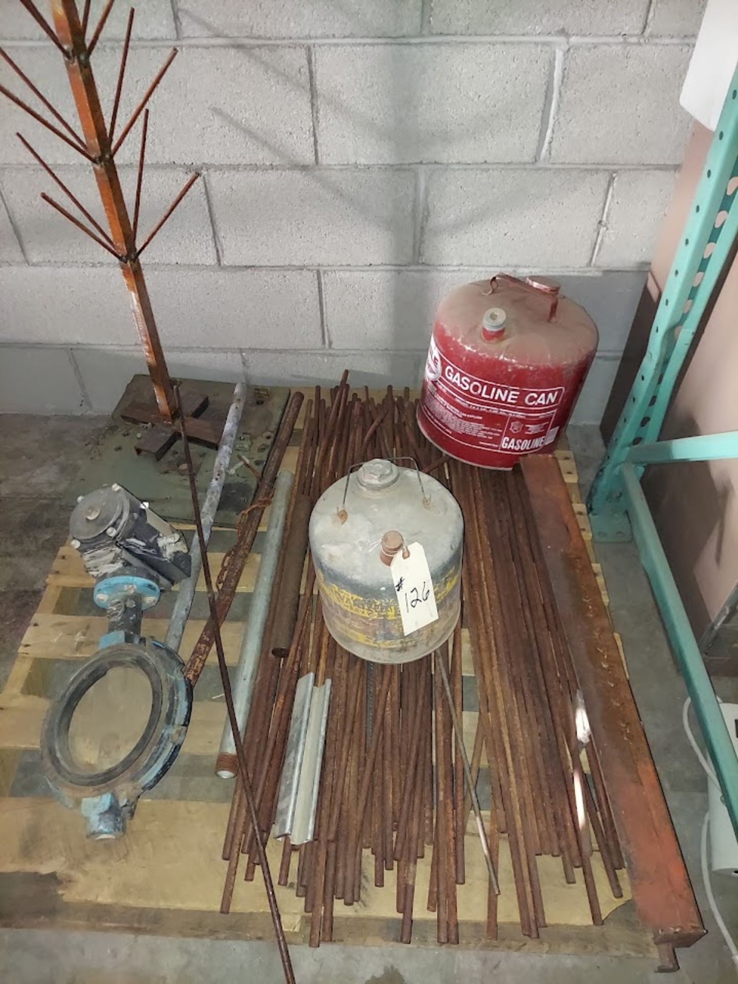 Pallet of Steel Rods, 2 - Metal Gas Cans, Grinnell Butterfly Wafer Valve, & Metal Tree Stand
