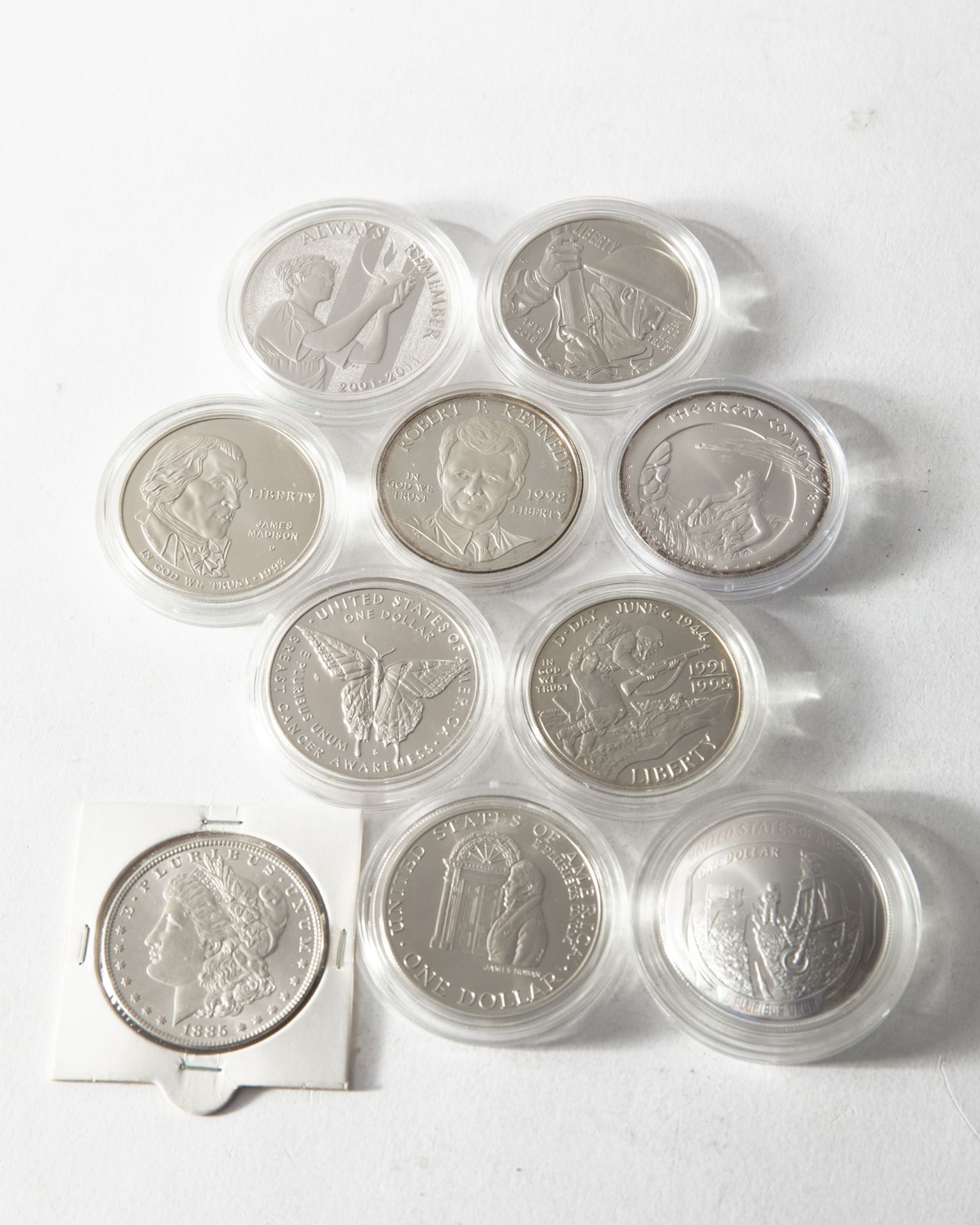 10 x 1 Dollar 1885, 1993, 1944, 1995, 1998, 2011, 2018, 2019, differnet editions