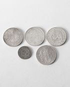 4 x 5 DM and 1 x 50 Pfennig anniversary coins