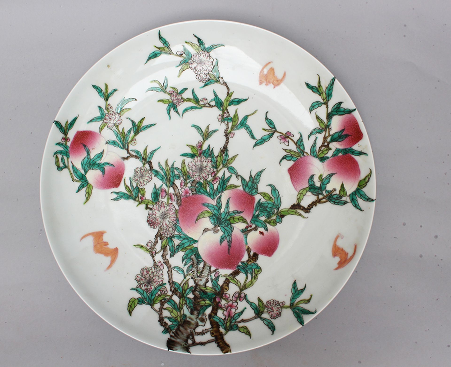 Chinese porcelain dish painted with peaches and bats on white ground glazed four sign mark Qing - Image 2 of 3