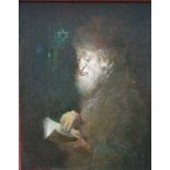 Judaica painting, man reading , oil on board, signed bottom left, framed. 29x23 cm