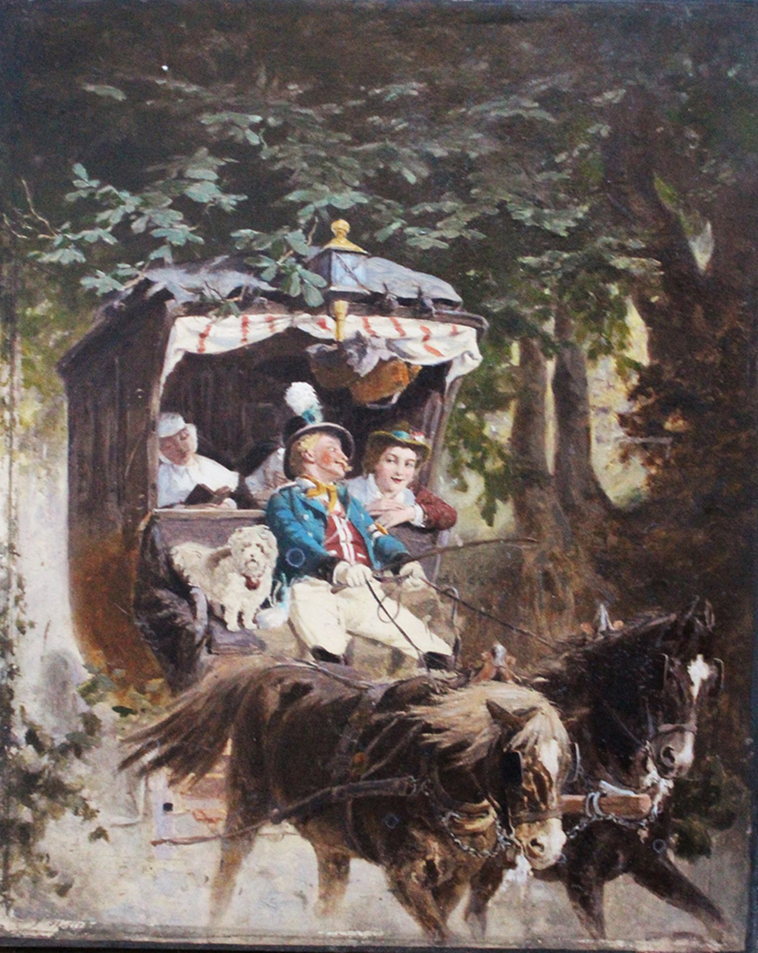 German school 19th Century, The Coach , oil on paper laid down on wooden panel , signed bottom left,