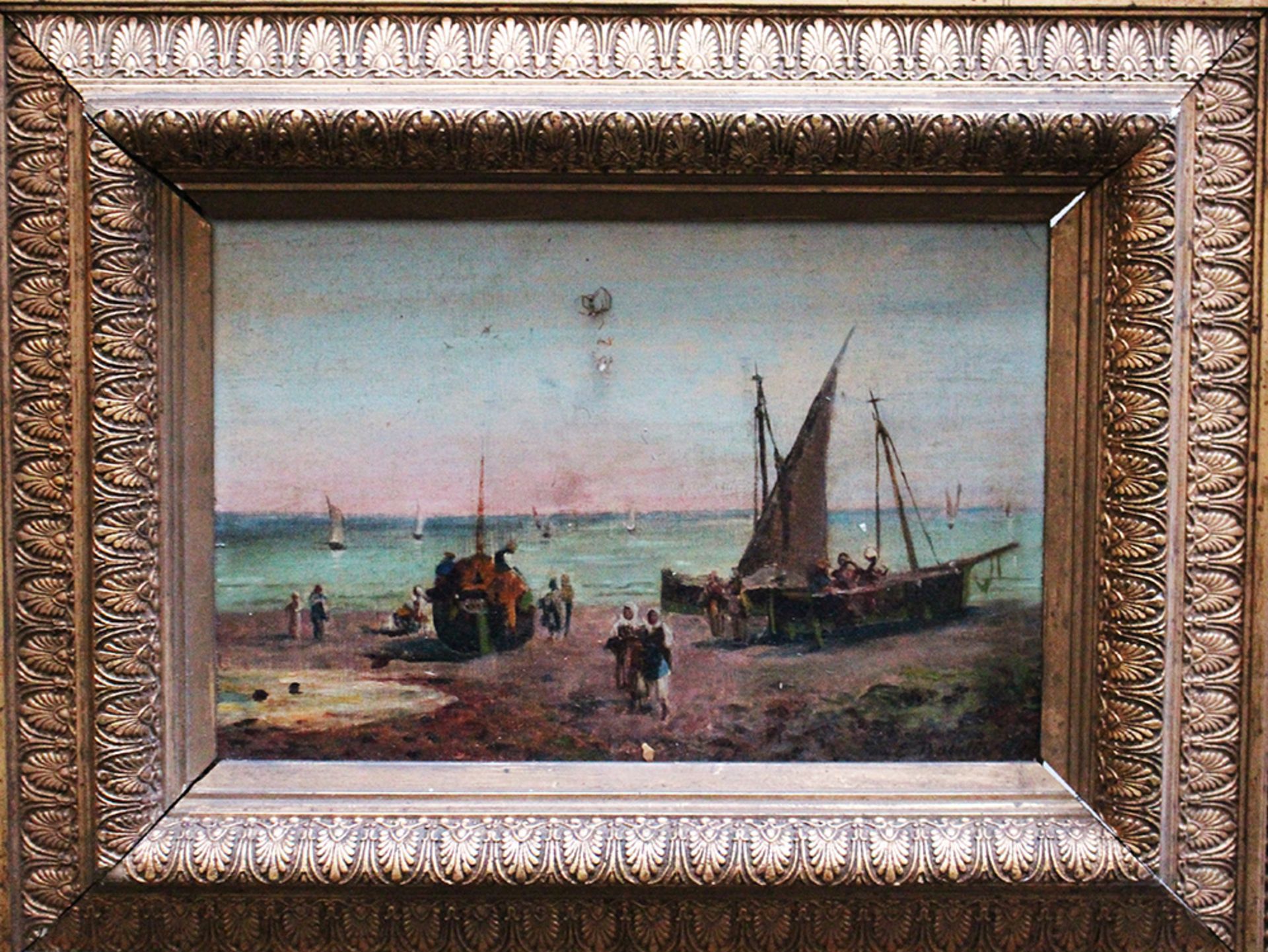 E. Boudin 94, boats by the sea, oil on board, framed, around 1900. 19x28 cm