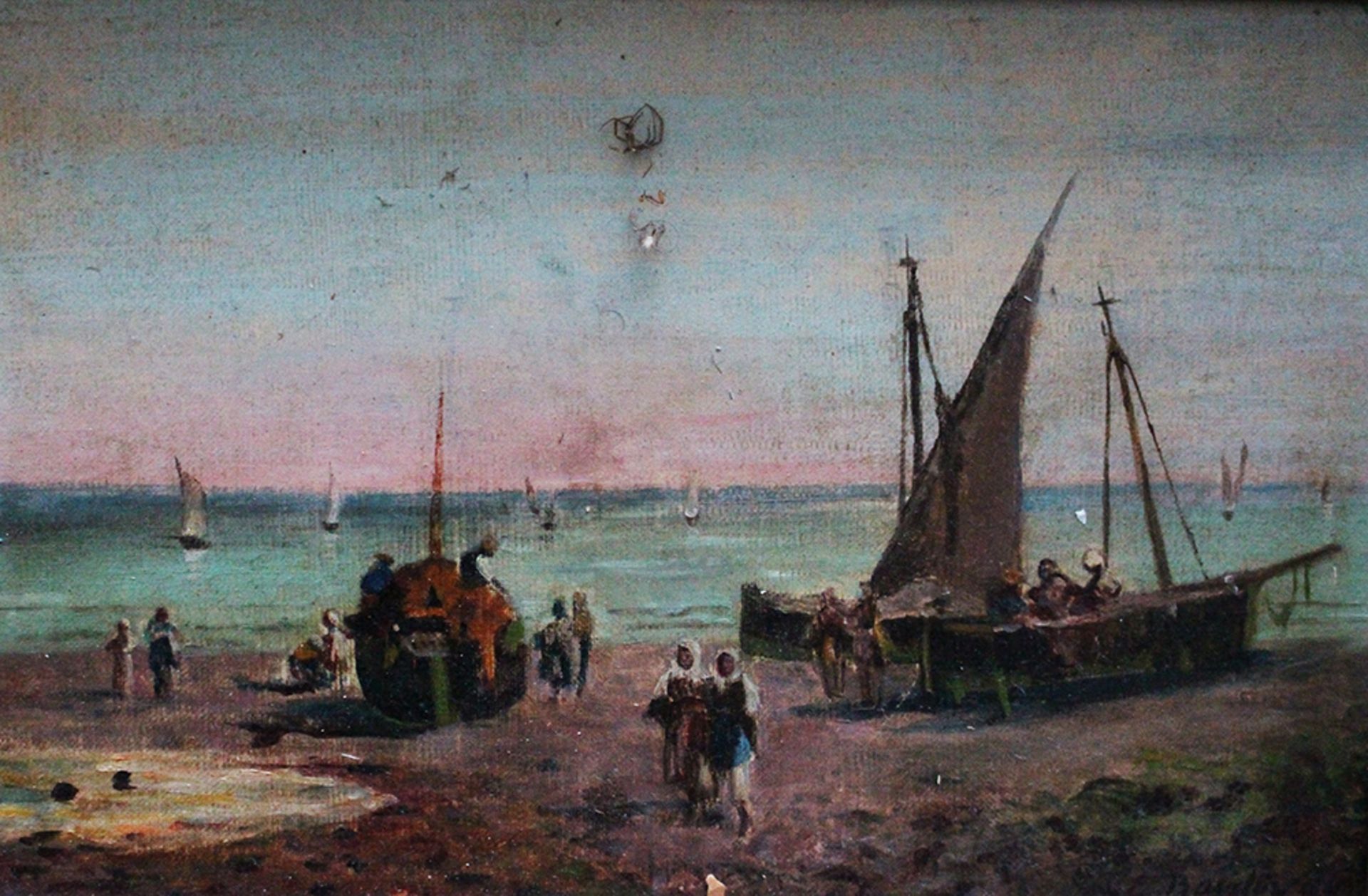 E. Boudin 94, boats by the sea, oil on board, framed, around 1900. 19x28 cm - Bild 2 aus 3