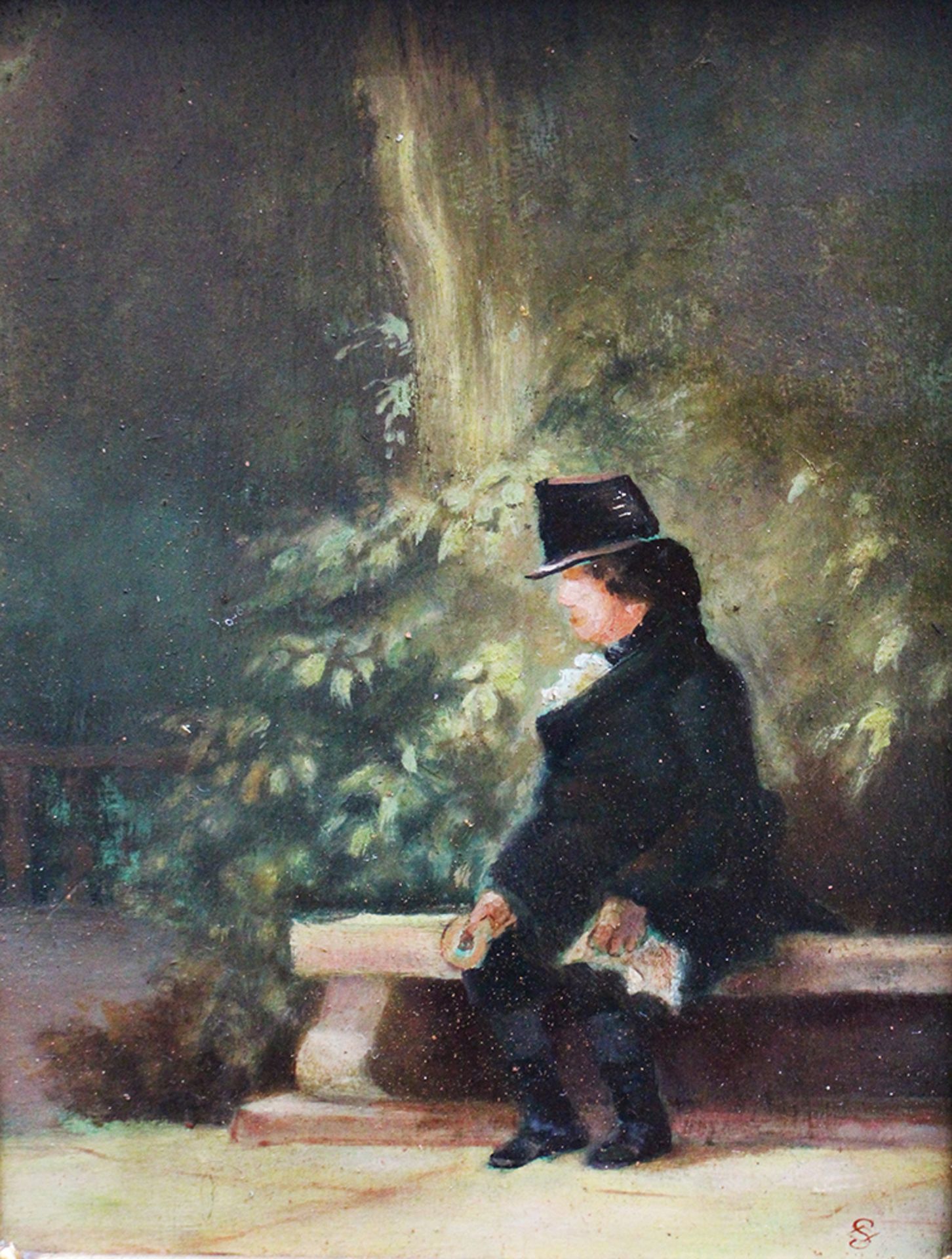 German school 19 th Century, Man in park , oil on wood , monogrammed right , framed. 23x17 cm - Bild 2 aus 3