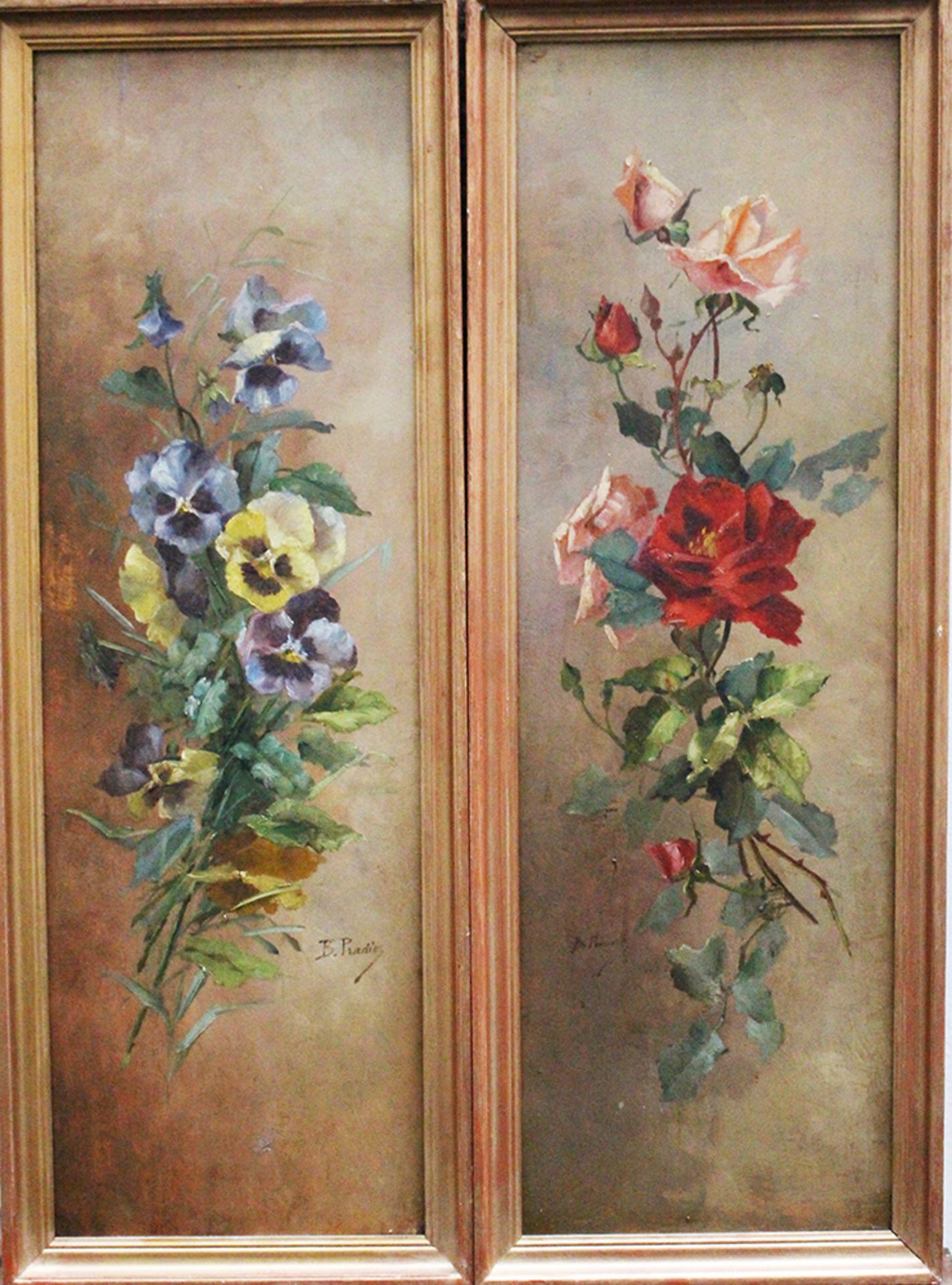 B.Pradier 19th Century , Pair of flower still life, signed , oil on wood , framed. 74x23 cm - Bild 2 aus 4