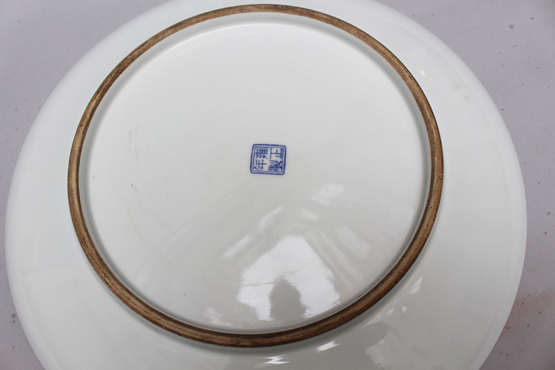 Chinese porcelain dish painted with peaches and bats on white ground glazed four sign mark Qing - Image 3 of 3