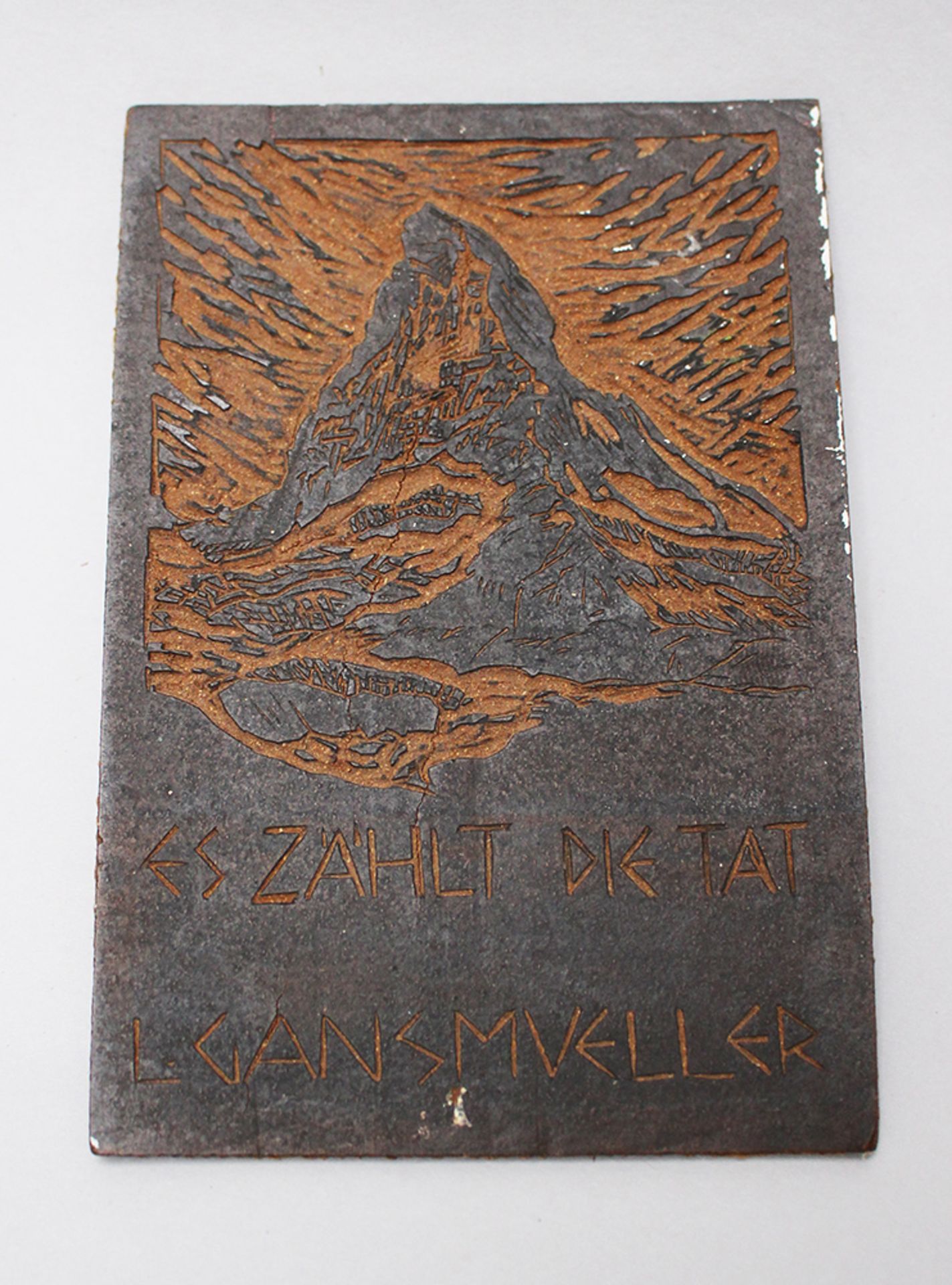 L. Gansmueller , carved plate with description the Matterhorn , 20 th Century. 15x10 cm