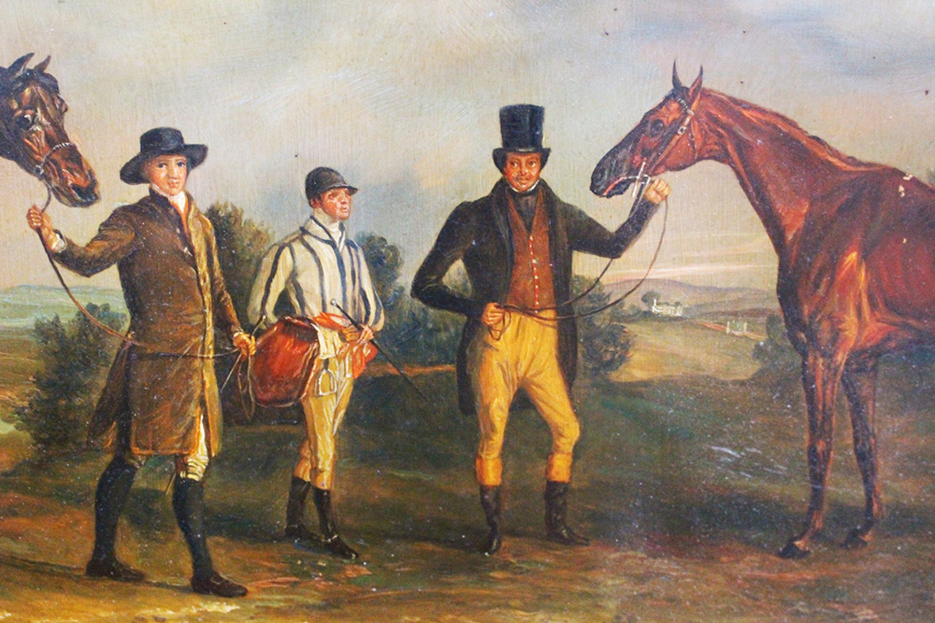 George Stubbs (1724-1806)- follower, horses with jockeys in landscape , oil on copper , framed. - Image 3 of 3