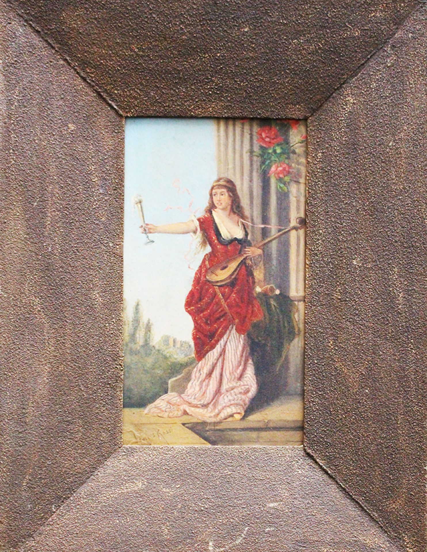 Lucius Rossi around 1900 , Allegory , oil on board , framed, signed. 30x18 cm