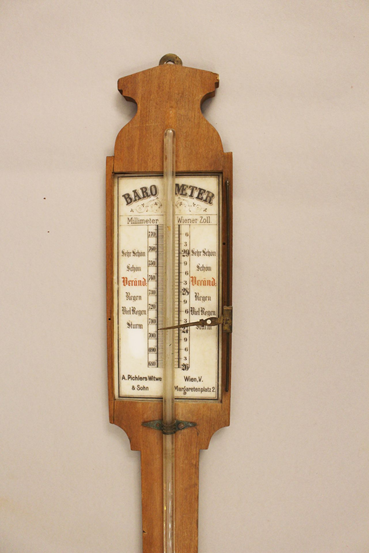 Barometer with glass scale , wooden panel , Vienna around 1900. 95 cm height - Image 3 of 3