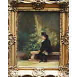 German school 19 th Century, Man in park , oil on wood , monogrammed right , framed. 23x17 cm