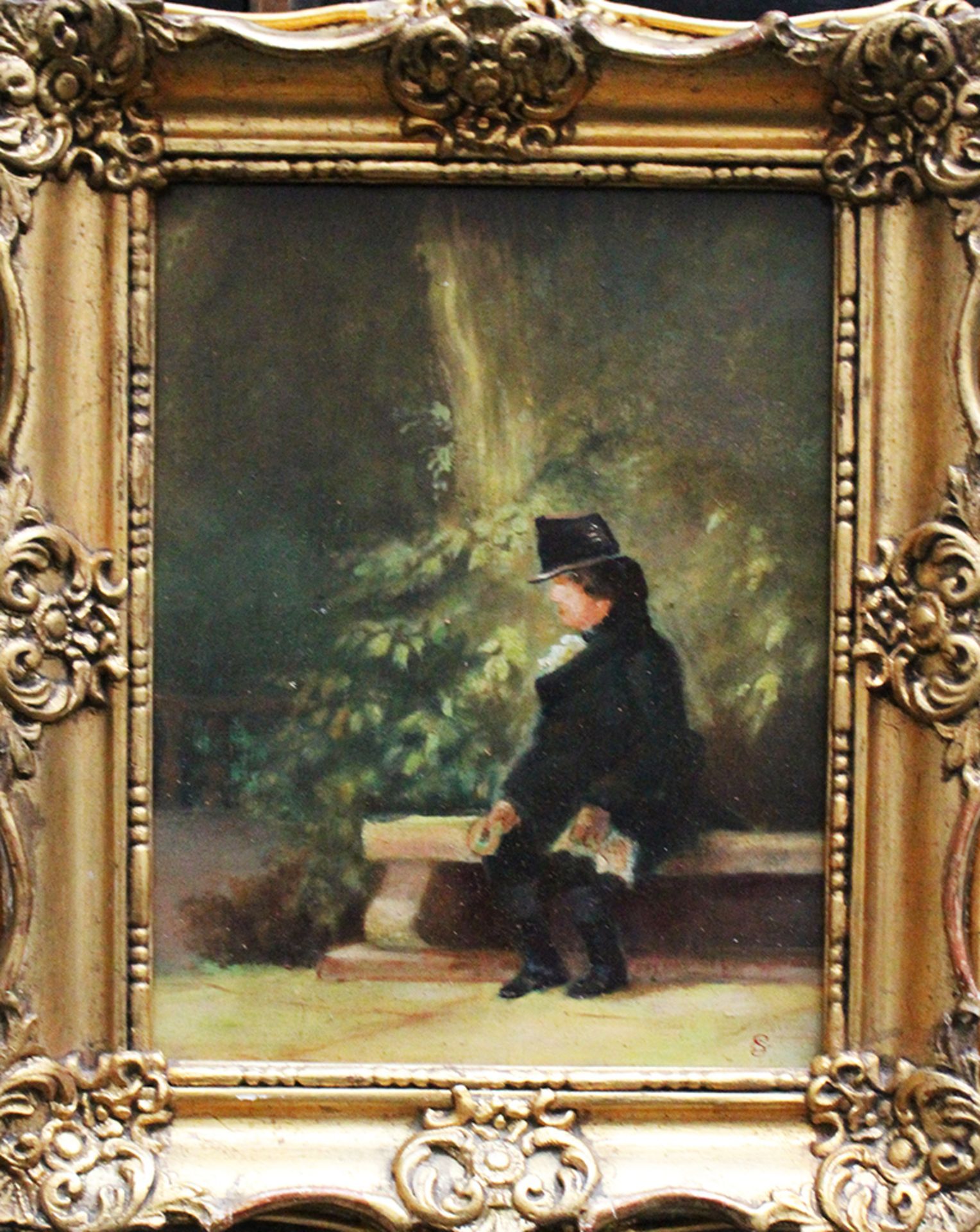 German school 19 th Century, Man in park , oil on wood , monogrammed right , framed. 23x17 cm