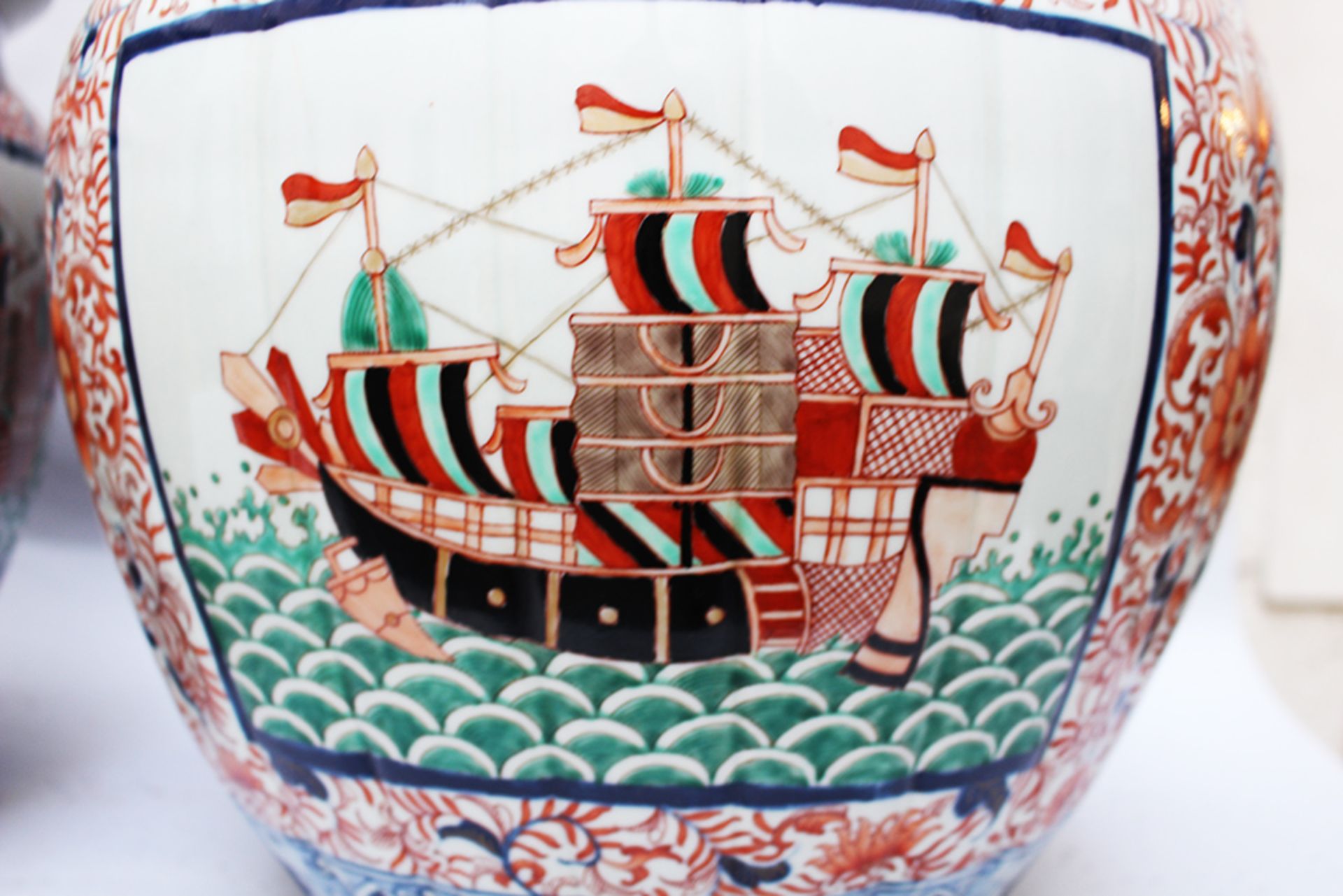 Pair of large Imari bowls , painted with Portuguese traders and ships , glazed. 38 cm diameter 28 cm - Image 3 of 3