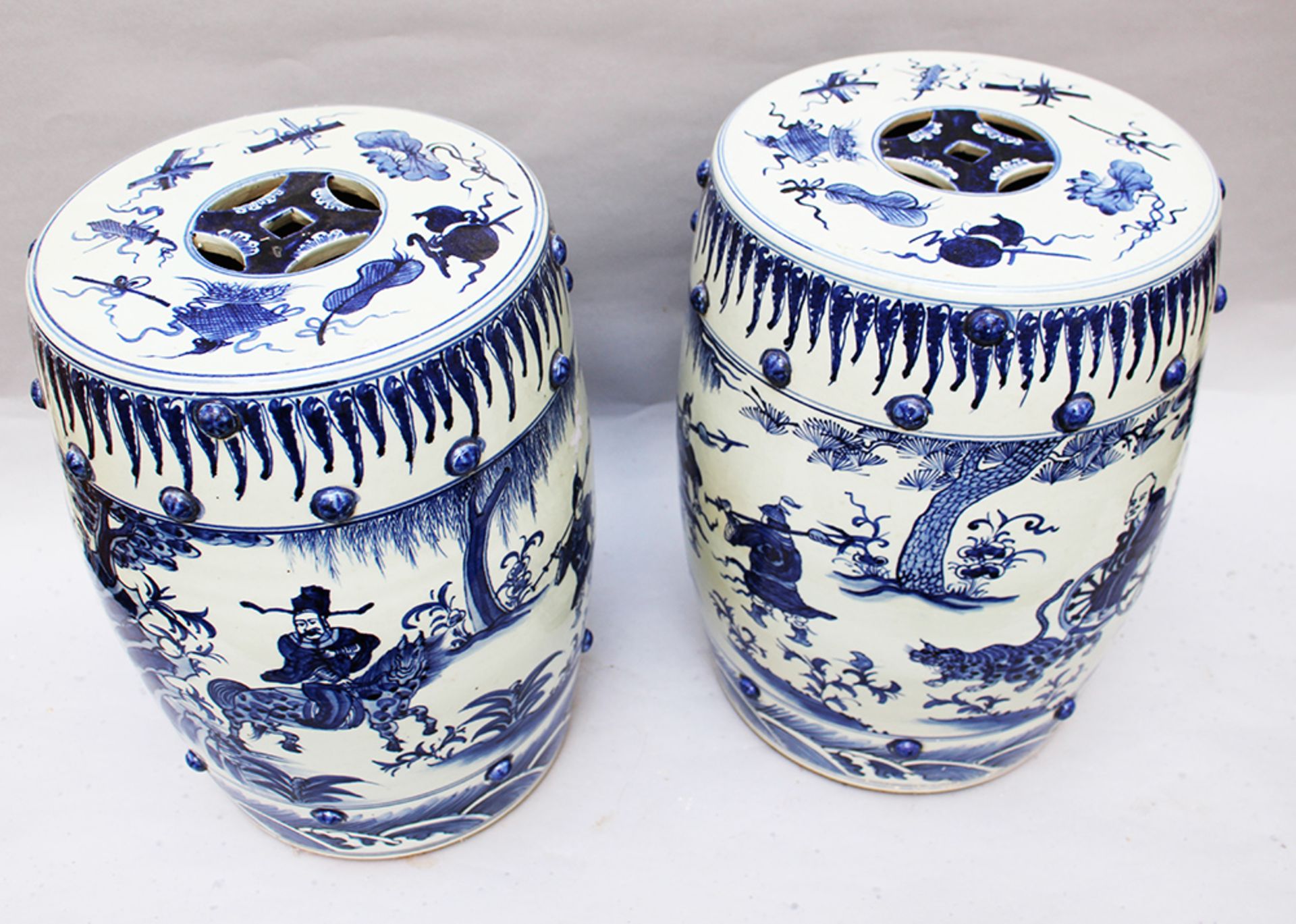 Pair of Chinese garden seats, Porcelain blue painted on white ground glazed , Qing Dynasty. 43 cm - Image 2 of 3