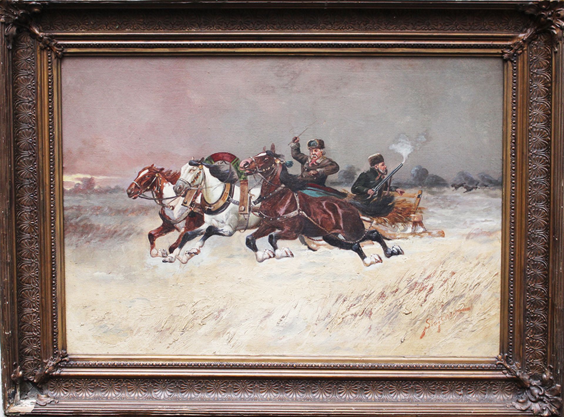 Russian Artist 19 th Century, Troika , oil on canvas , framed , signed. 48x68 cm