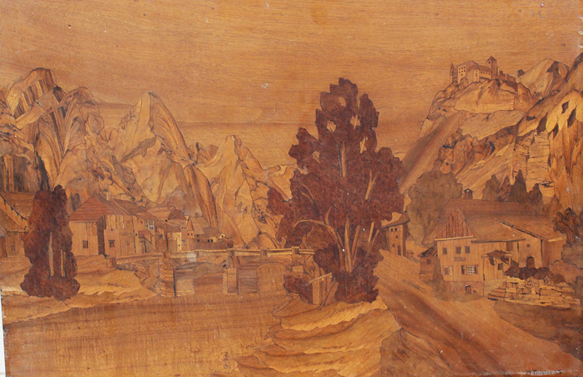 Intarsia panel ,Landscape several woods on wood , around 1900. 60x40 cm