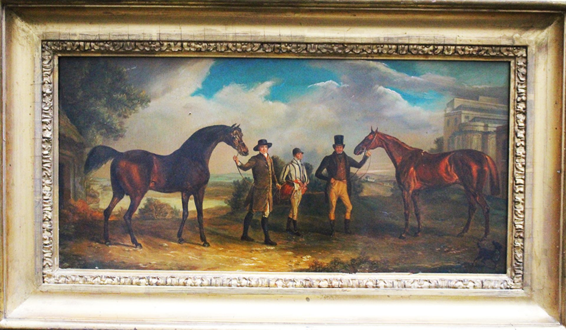 George Stubbs (1724-1806)- follower, horses with jockeys in landscape , oil on copper , framed.