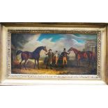 George Stubbs (1724-1806)- follower, horses with jockeys in landscape , oil on copper , framed.