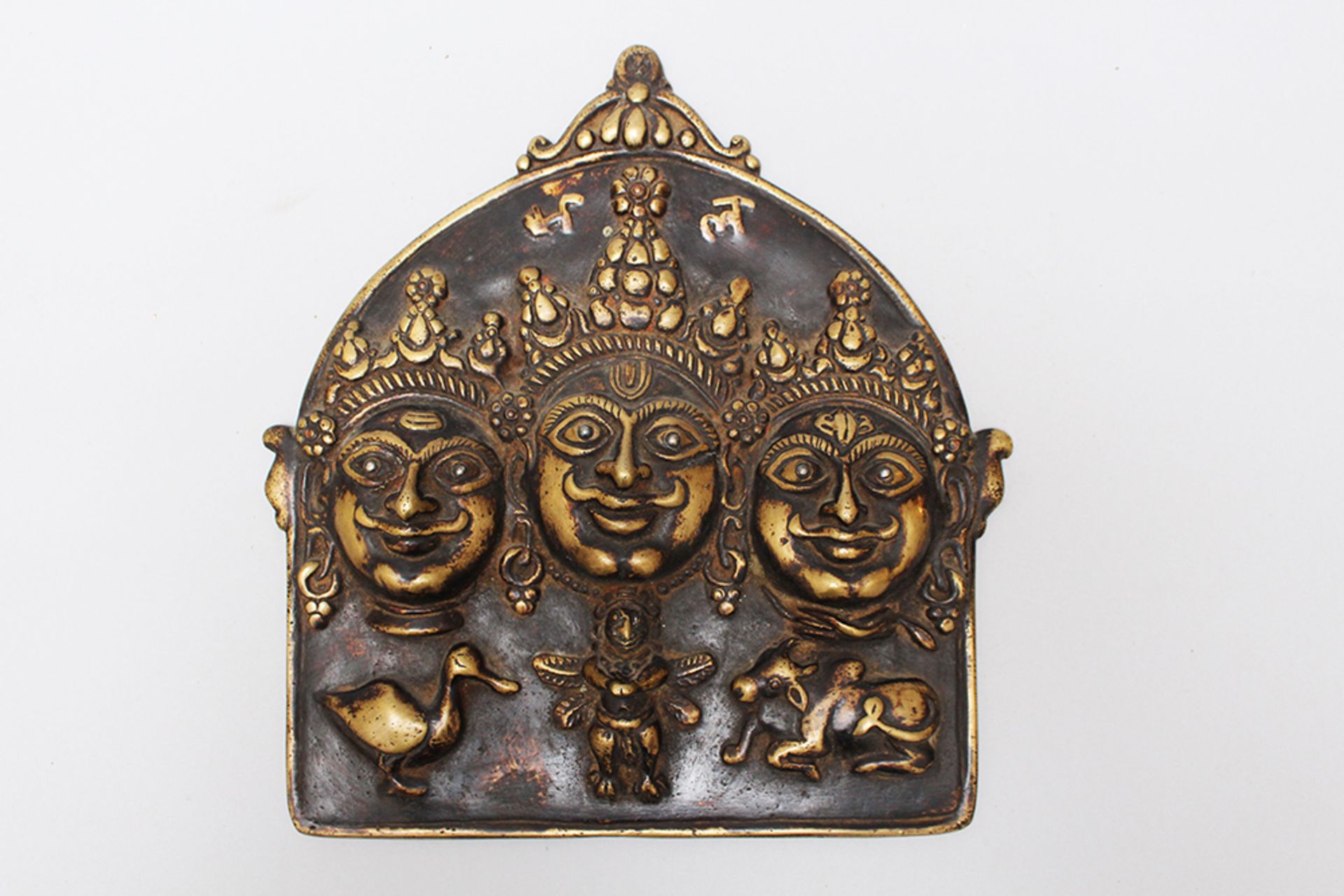 Tibet bronze plate, with three faces silver eyes 18/19th Century. 26x24 cm