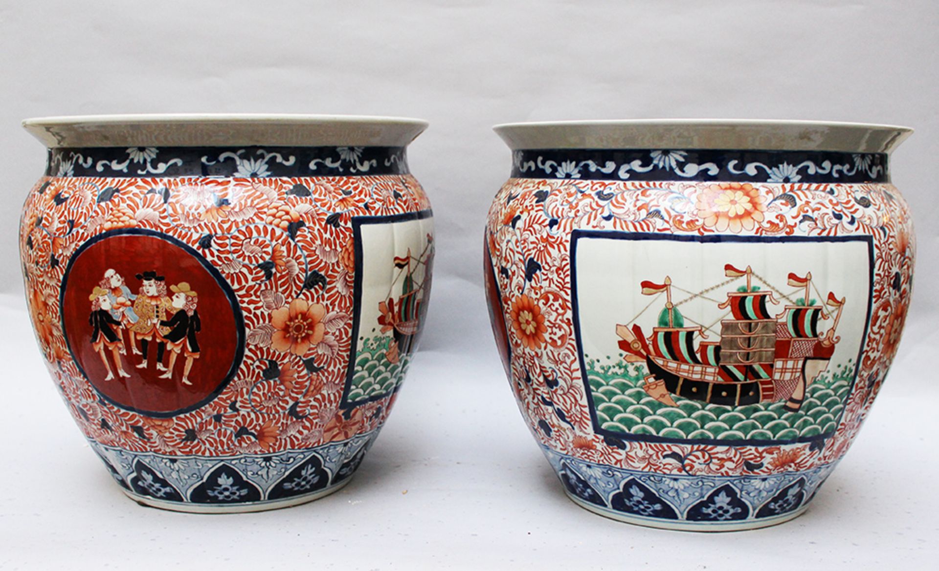 Pair of large Imari bowls , painted with Portuguese traders and ships , glazed. 38 cm diameter 28 cm