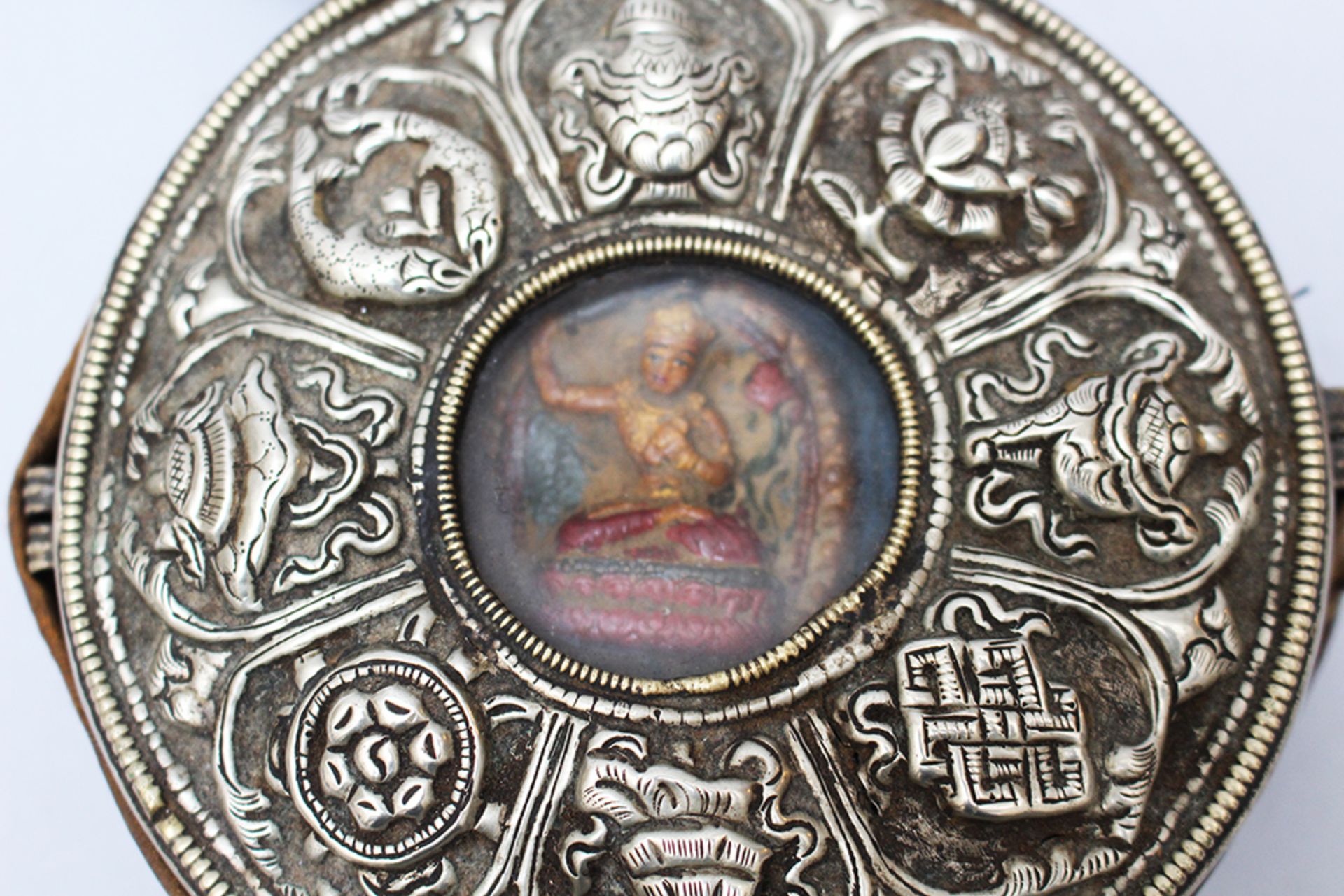 Tibet Pilgrim , Sanctuary, metal glass and textile decorated 19 th Century. 13 cm diameter - Image 2 of 3