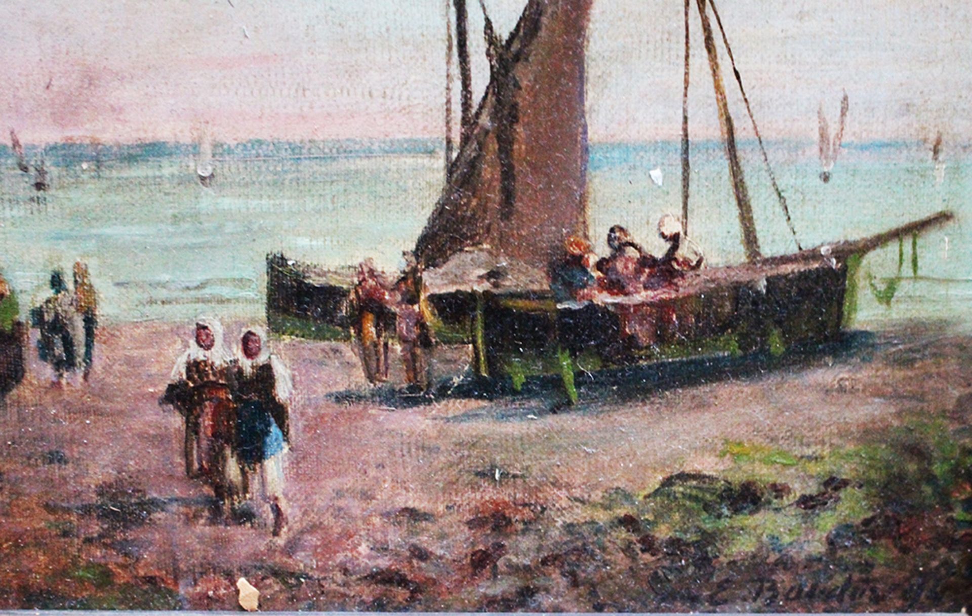 E. Boudin 94, boats by the sea, oil on board, framed, around 1900. 19x28 cm - Bild 3 aus 3