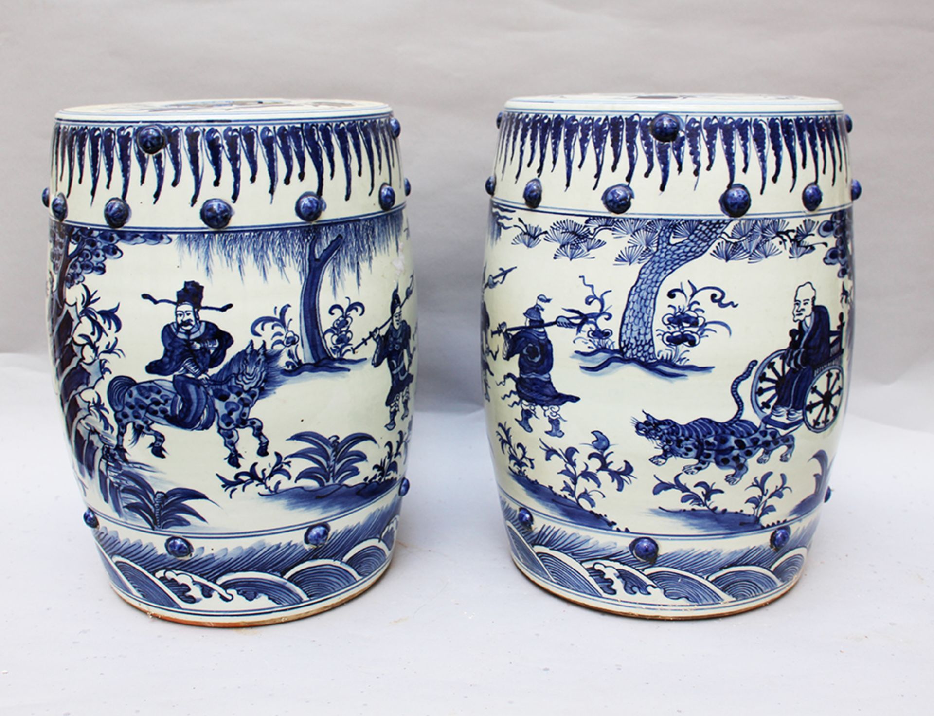 Pair of Chinese garden seats, Porcelain blue painted on white ground glazed , Qing Dynasty. 43 cm