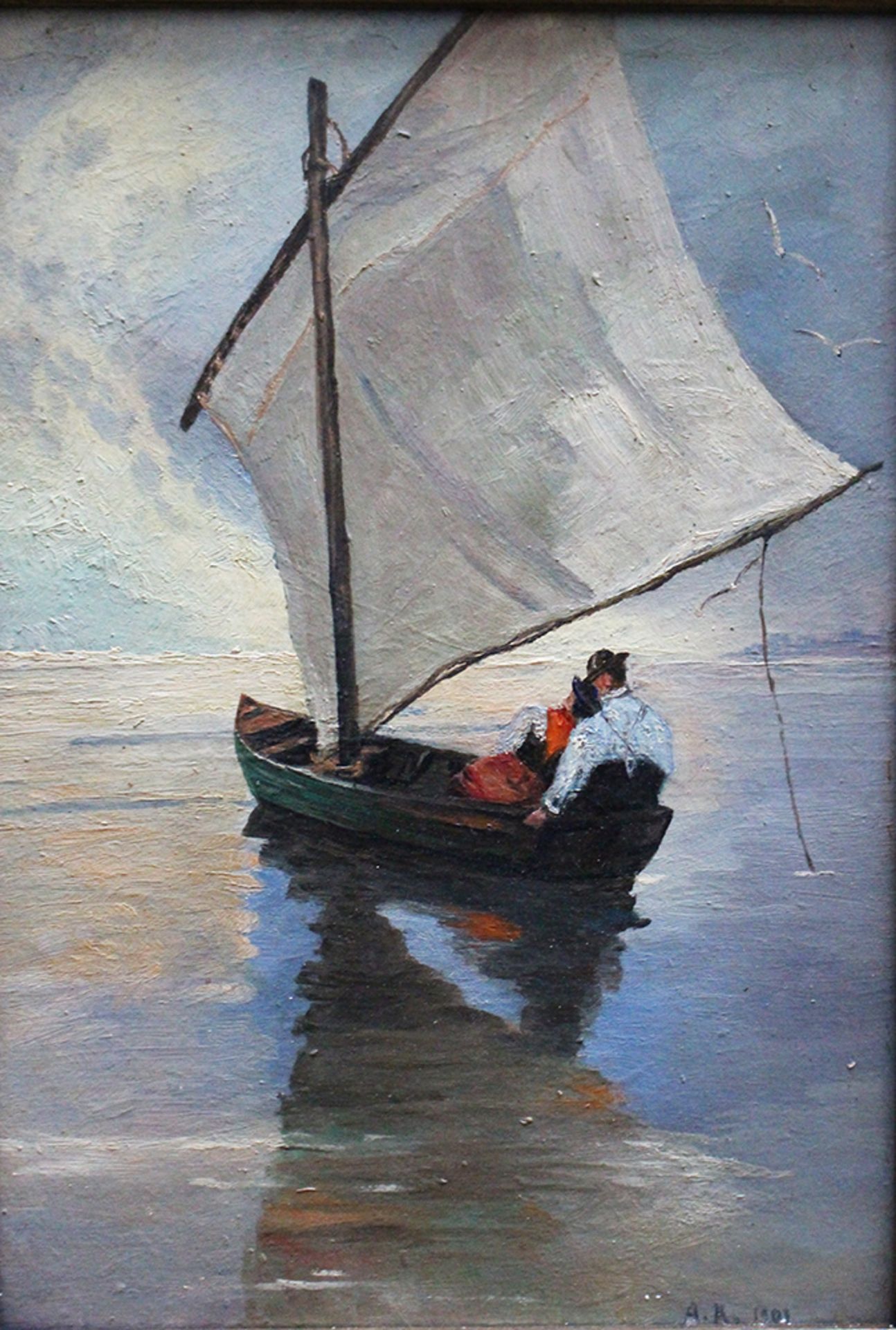 Adolf Kaufmann (1848-1916), Couple in boat , oil on board, framed. 33X23cm - Image 2 of 3