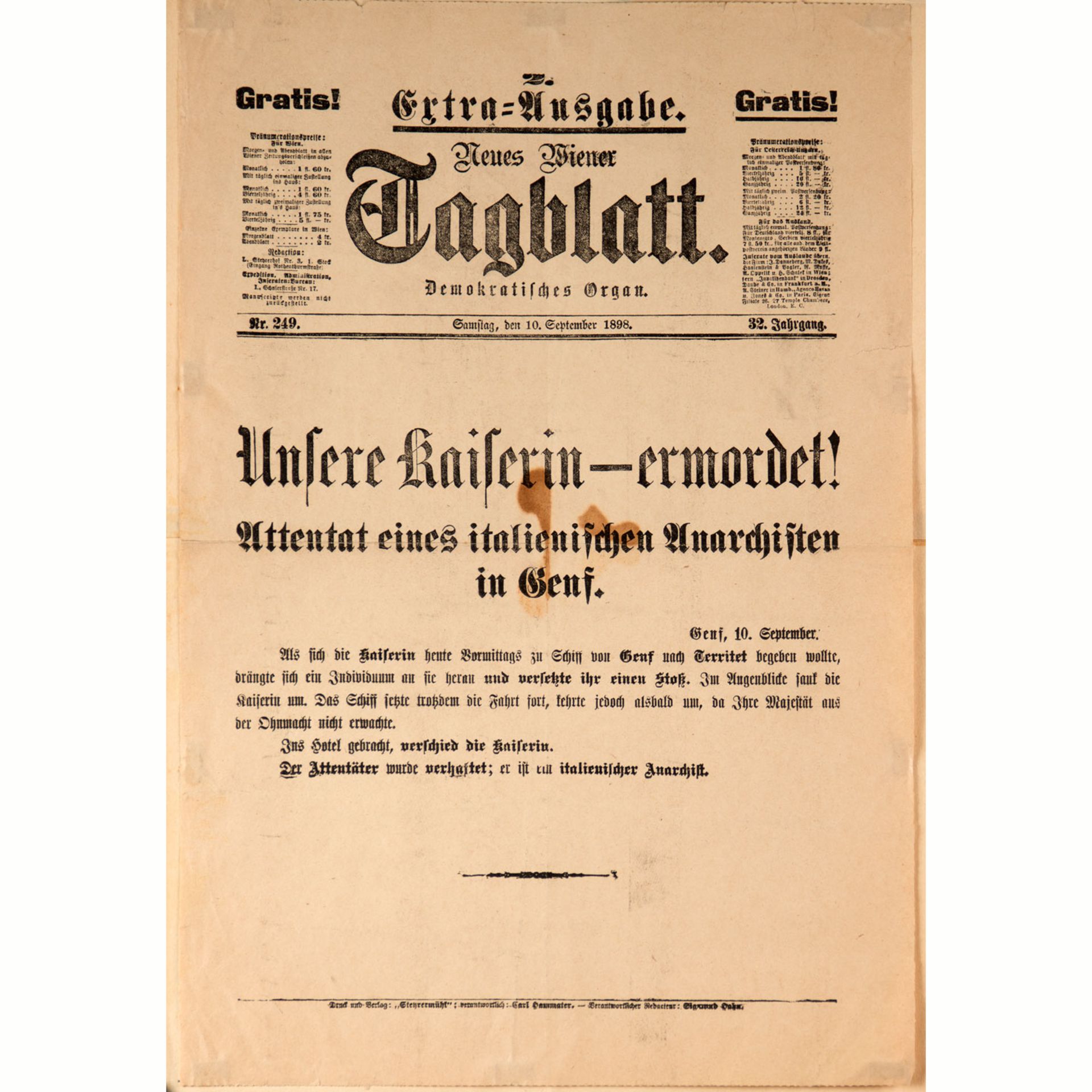 Unsere Kaiserin ermodert! Tagblatt 10.September 1898