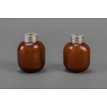 Pair of Beijing glass bottles, ,brown glass in oval shape with silver mounts, , 6 cm high, 19,