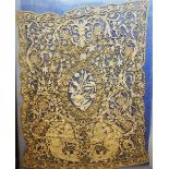 Lace cloth with very fine open work flowers and animals white textile on blue ground , framed