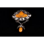 Jugendstil silver brooch, 820/1000, with amber. 16g. 6.2x8cm